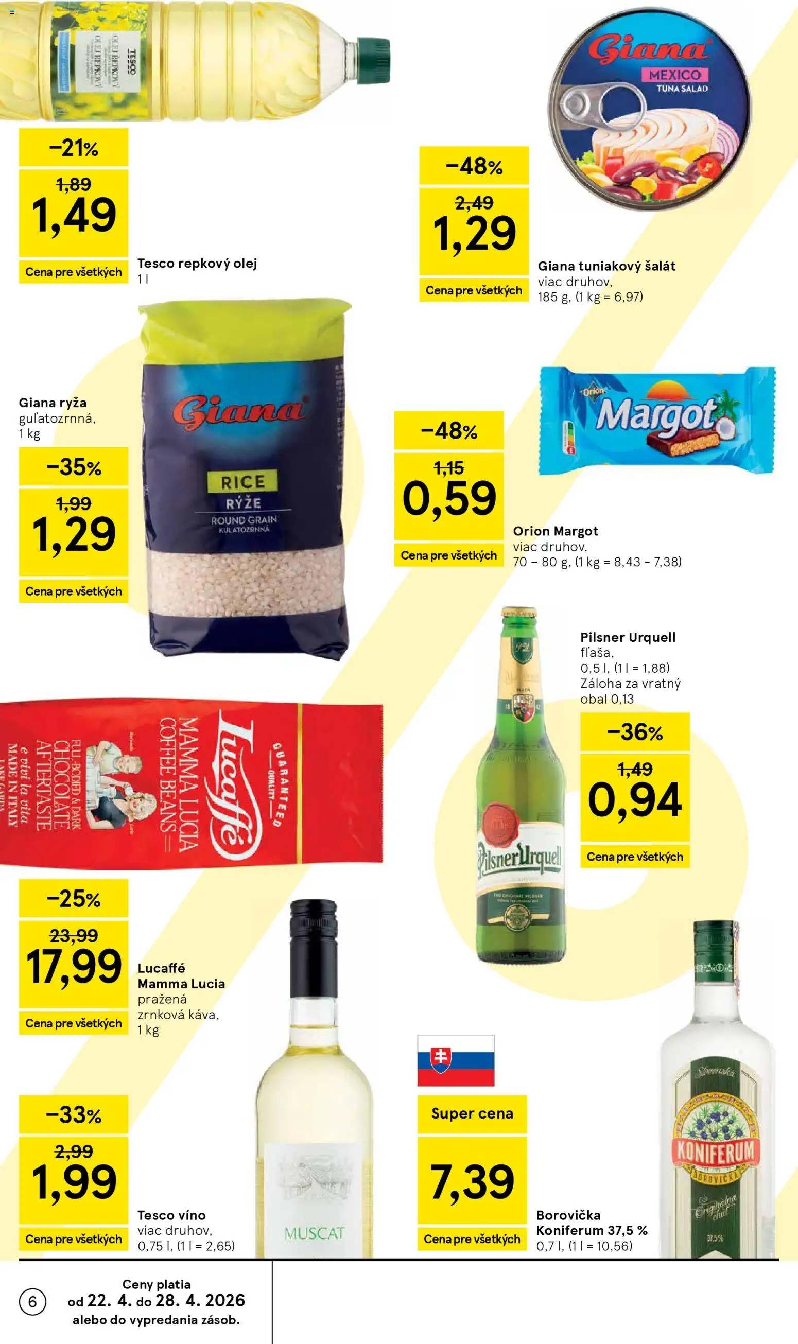 Nové Tesco akcie – leták je platný od 22.04.2026 | Strana: 6 | Produkty: Pilsner Urquell, Olej, Borovička, Šalát