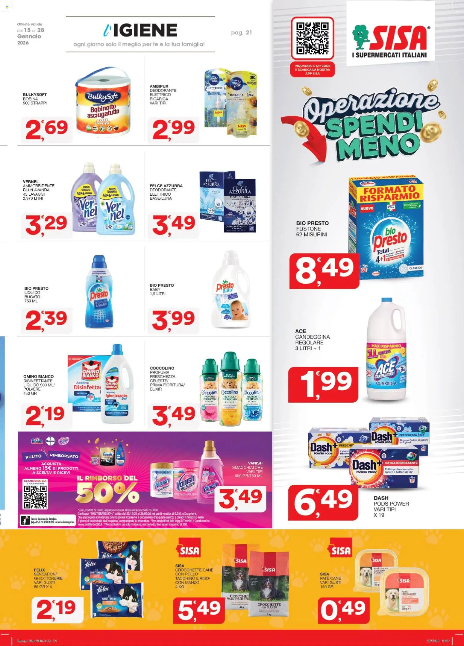 Volantino SISA del 15.01.2026 | Pagina: 21 | Prodotti: Candeggina, Crocchette cane, Asciugatutto, Stampa