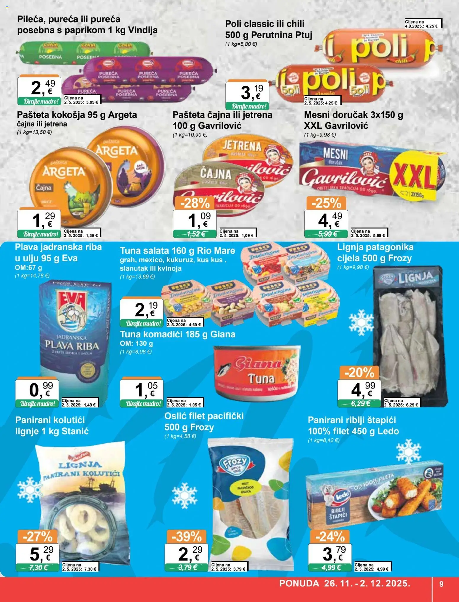 KTC katalog | vrijedi od 26.11.2025 | Stranica: 9 | Proizvodi: Vindija, Riblji štapići, Riba, Mesni doručak