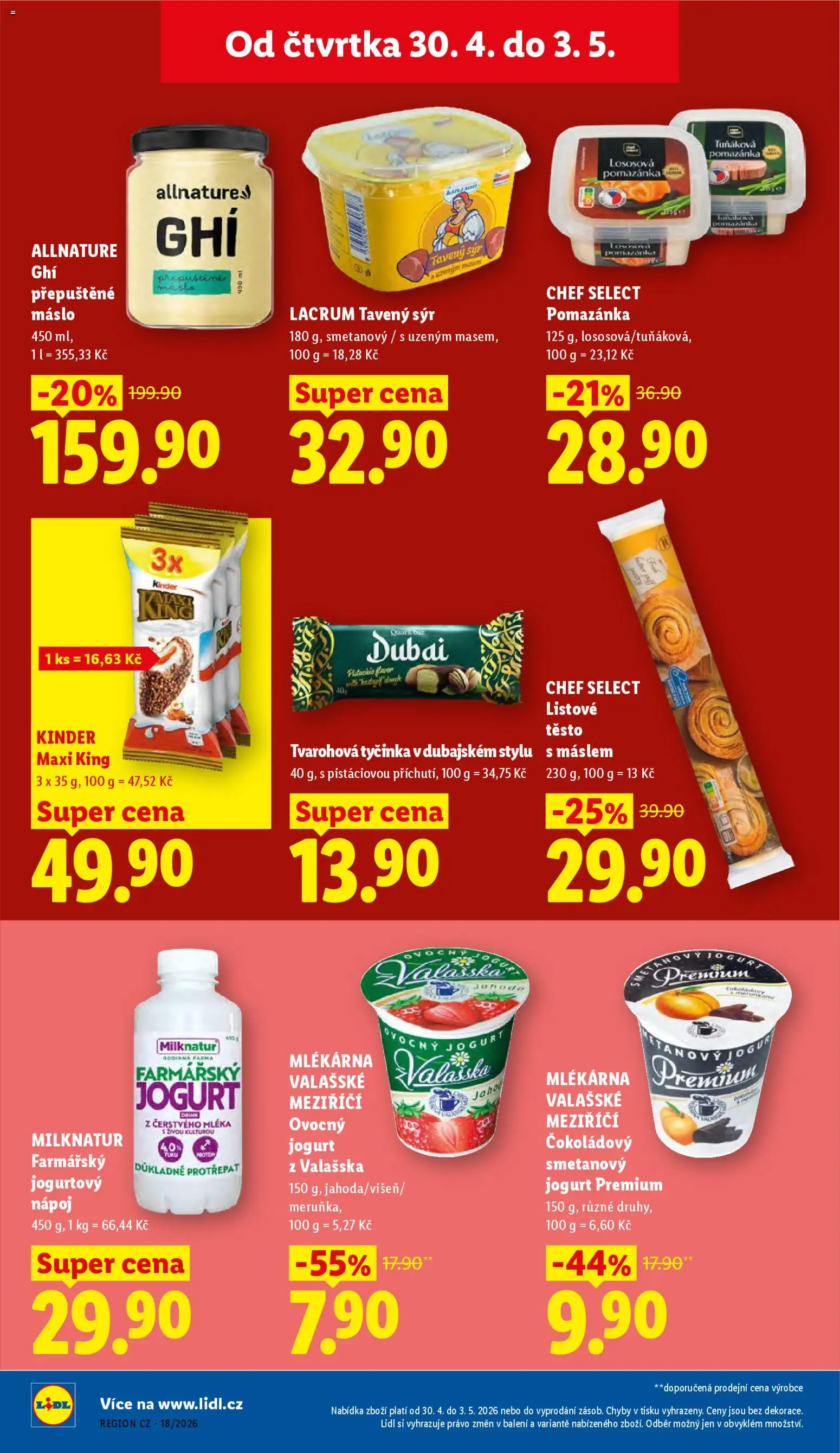Lidl leták od 30.04.2026 | Strana: 18 | Produkty: Lososová pomazánka, Máslo, Tvarohová tyčinka, Kinder