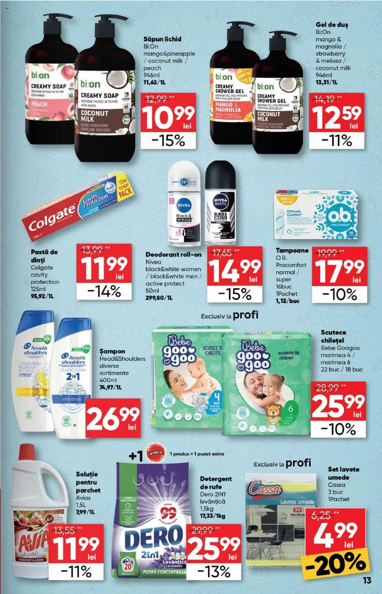 Noul catalog Profi – valabil de la 17.09.2025 | Pagină: 13 | Produse: Parchet, Duș, Săpun lichid, Tampoane
