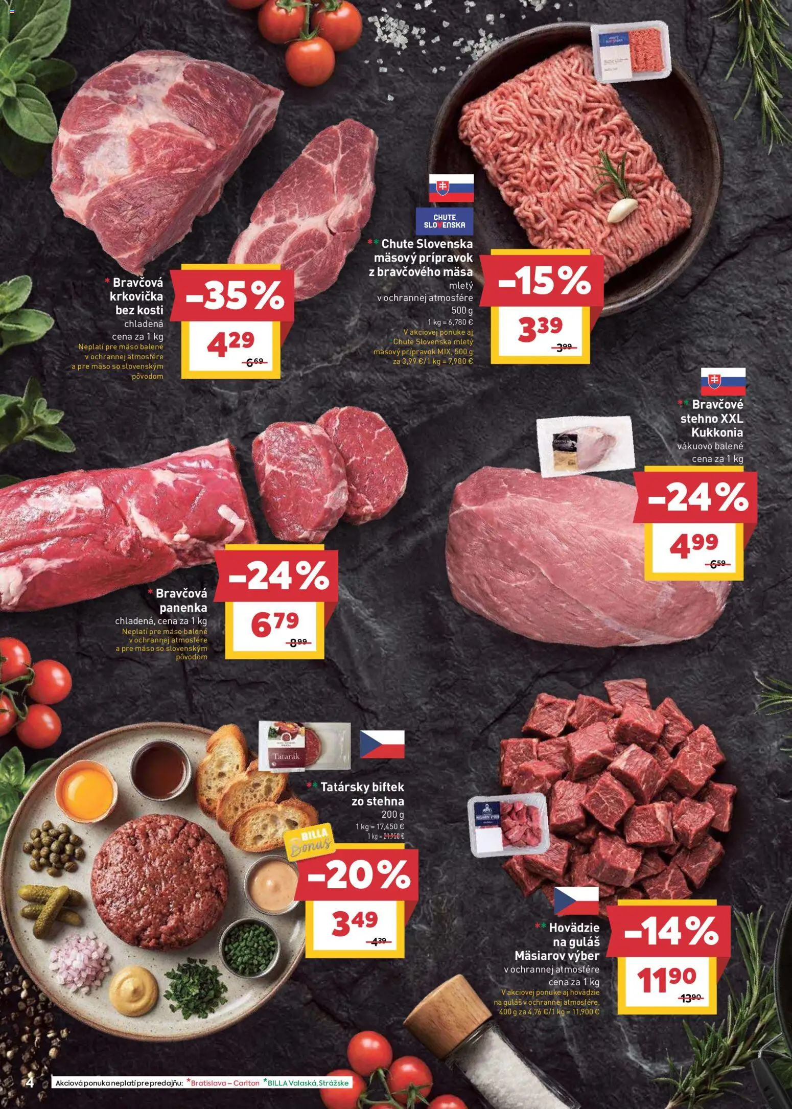 Nové Billa akcie – leták je platný od 22.04.2026 | Strana: 4 | Produkty: Bravčová panenka, Bravčové stehno, Krkovička