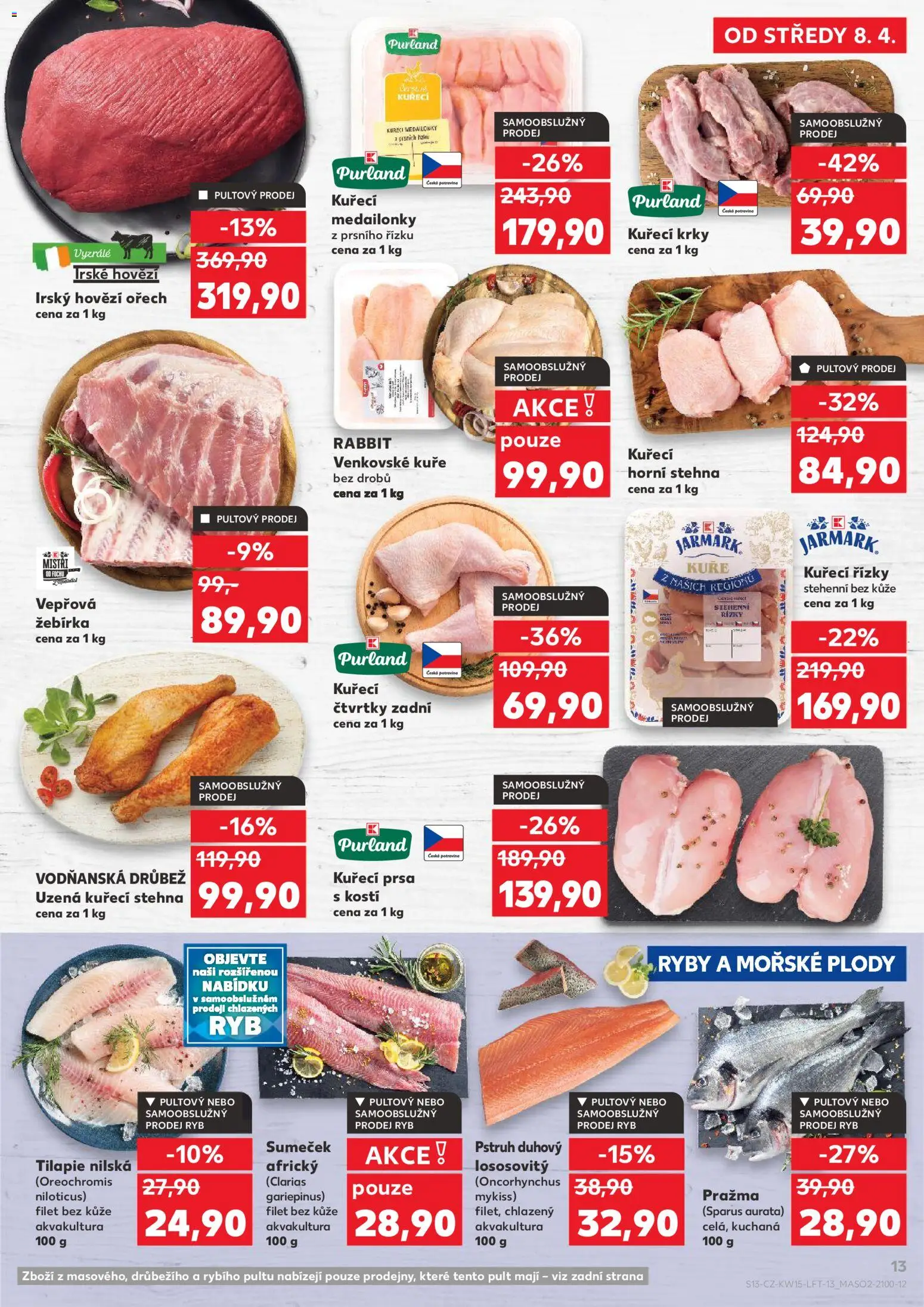 Kaufland leták - Chomutov od 08.04.2026 | Strana: 13 | Produkty: Kuřecí řízky, Irské hovězí, Pražma, Kuřecí stehna
