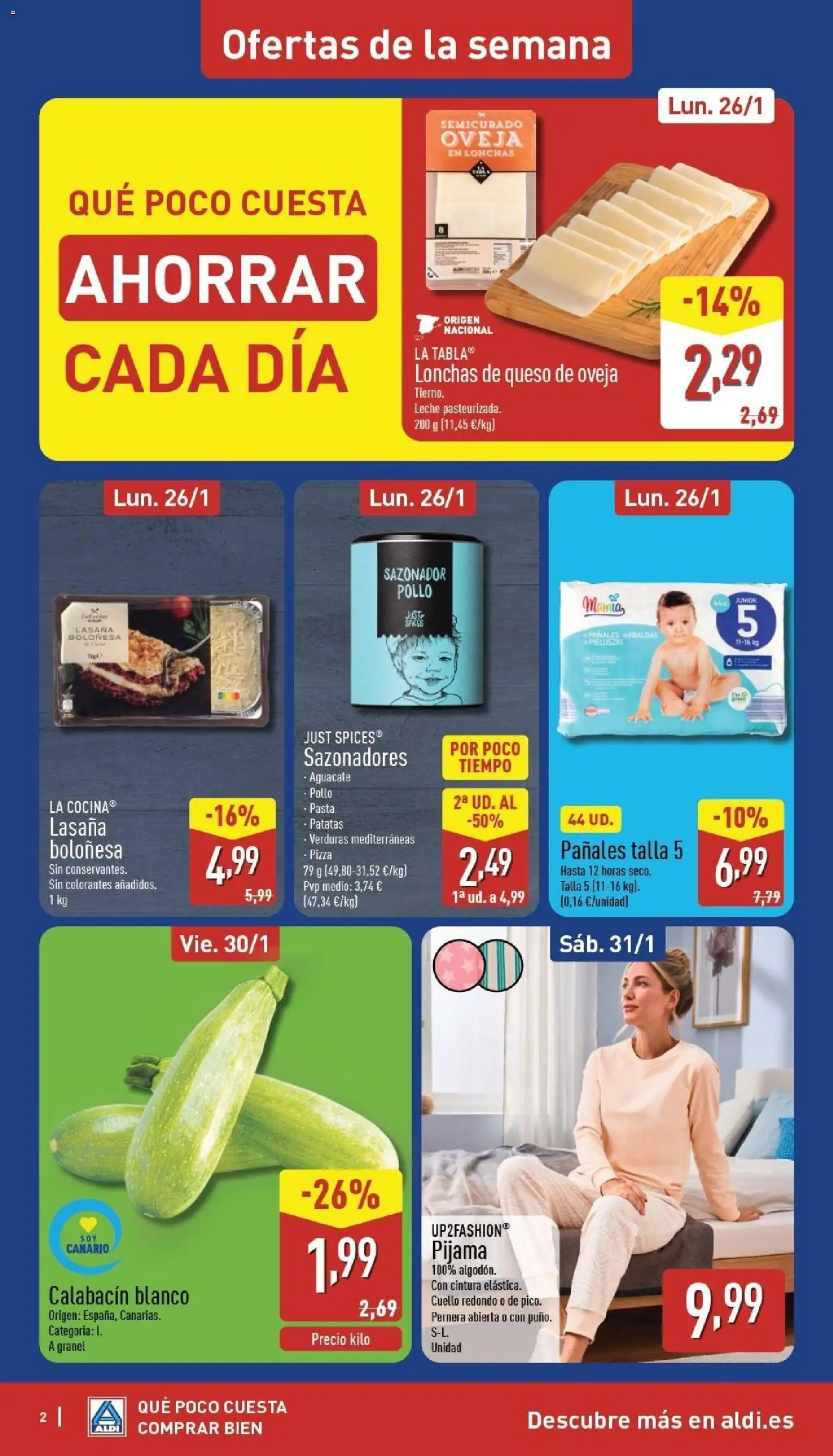 Aldi folleto Canarias │ válido desde el 26.01.2026 | Página: 2 | Productos: Queso de oveja, Pijama, Pasta, Sazonador