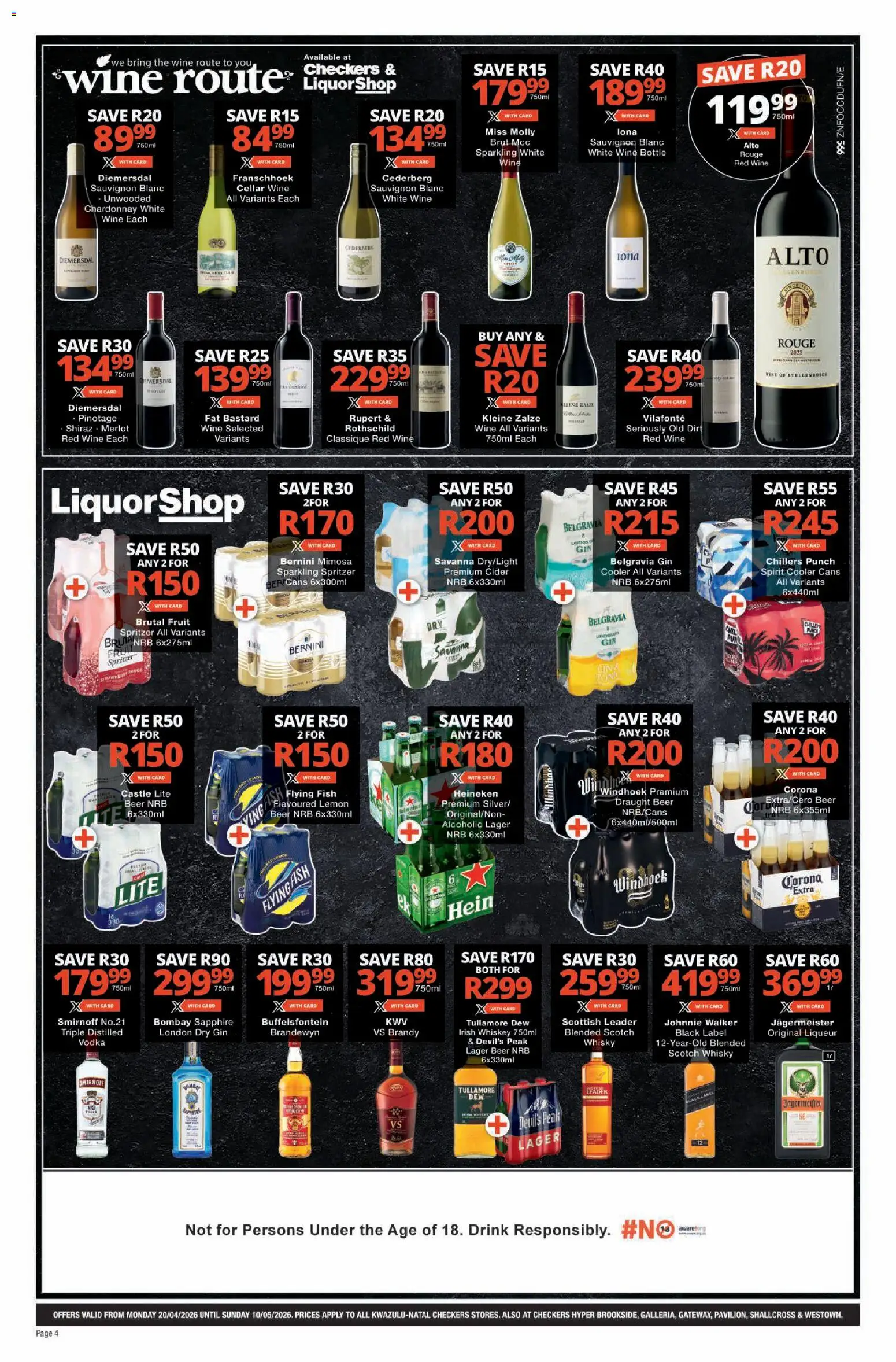 New Checkers catalogue – valid from 20.04.2026 | Page: 4 | Products: Cider, Cooler, Vodka, Whiskey