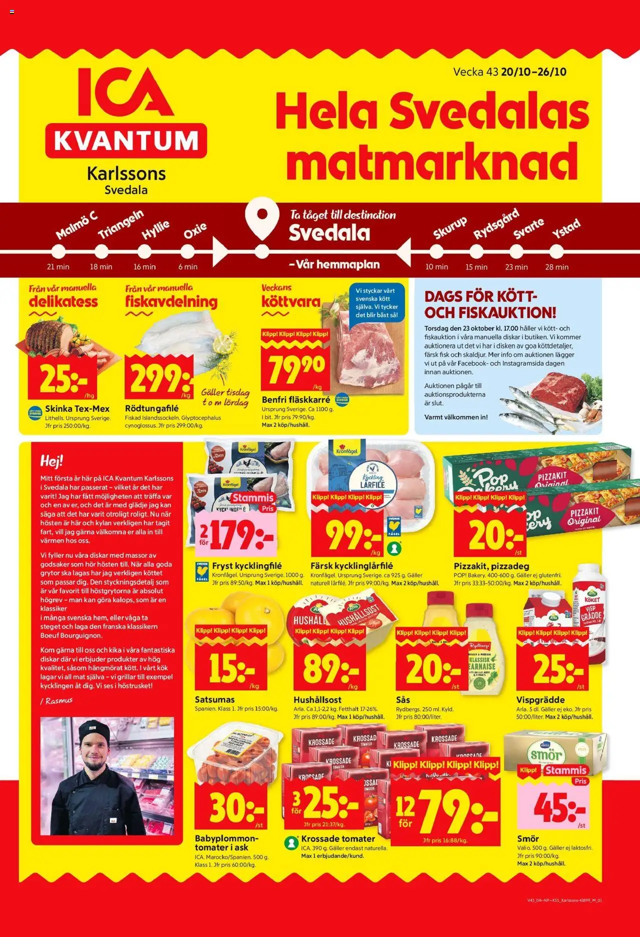 ICA Kvantum reklamblad aktuell från 20.10.2025 | Sida: 1 | Produkter: Kycklingfile, Hushållsost, Skinka, Pizzakit