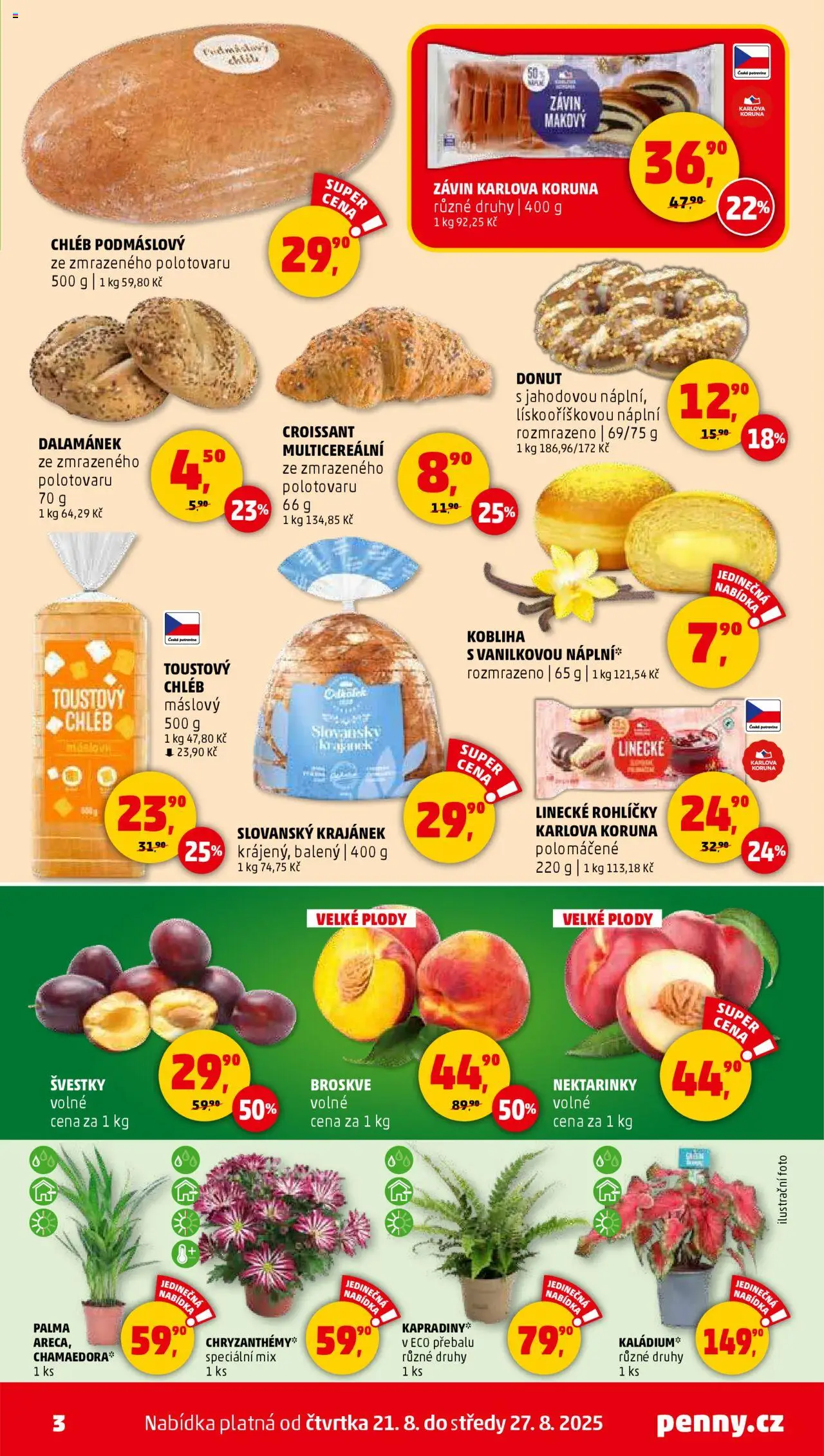 Penny Market leták - Čtvrtečník od 21.08.2025 | Strana: 3 | Produkty: Donut, Broskve, Croissant, Toustový chléb