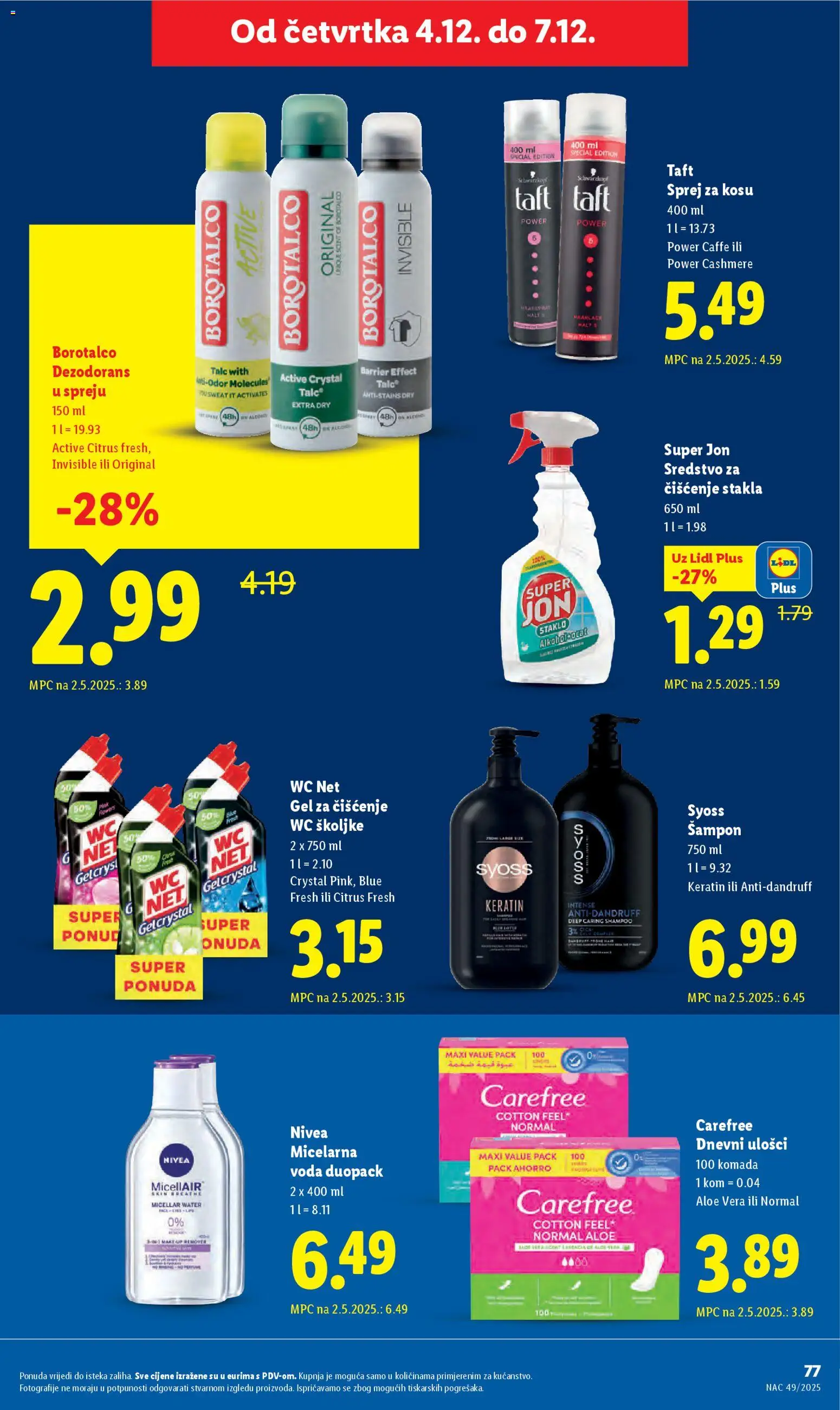 Lidl katalog | vrijedi od 01.12.2025 | Stranica: 77 | Proizvodi: Dnevni ulošci, Šampon, Nivea, Borotalco