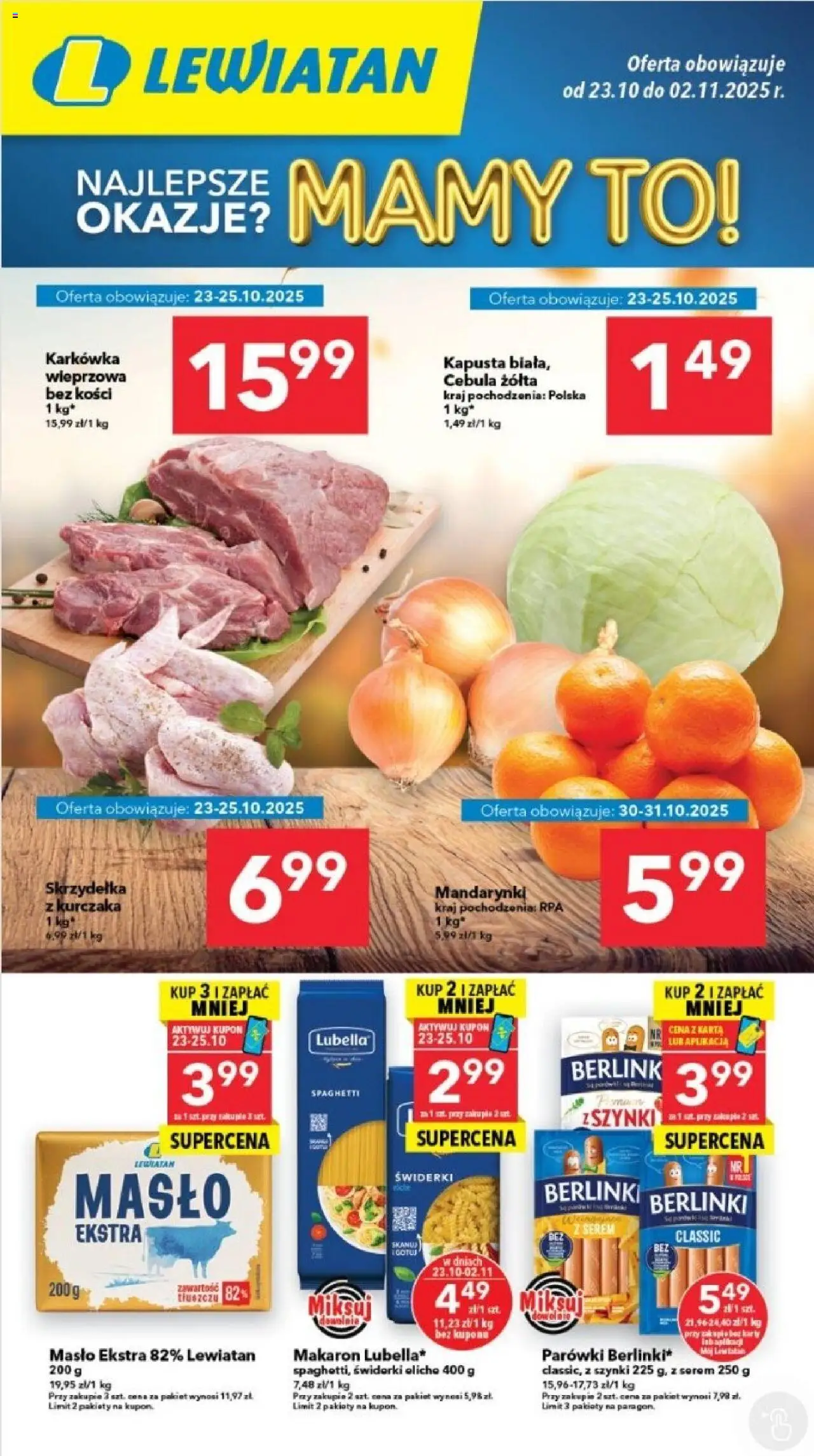 Lewiatan gazetka - Legnica od 23.10.2025 | Strona: 1 | Produkty: Kapusta, Karta, Makaron, Mandarynki