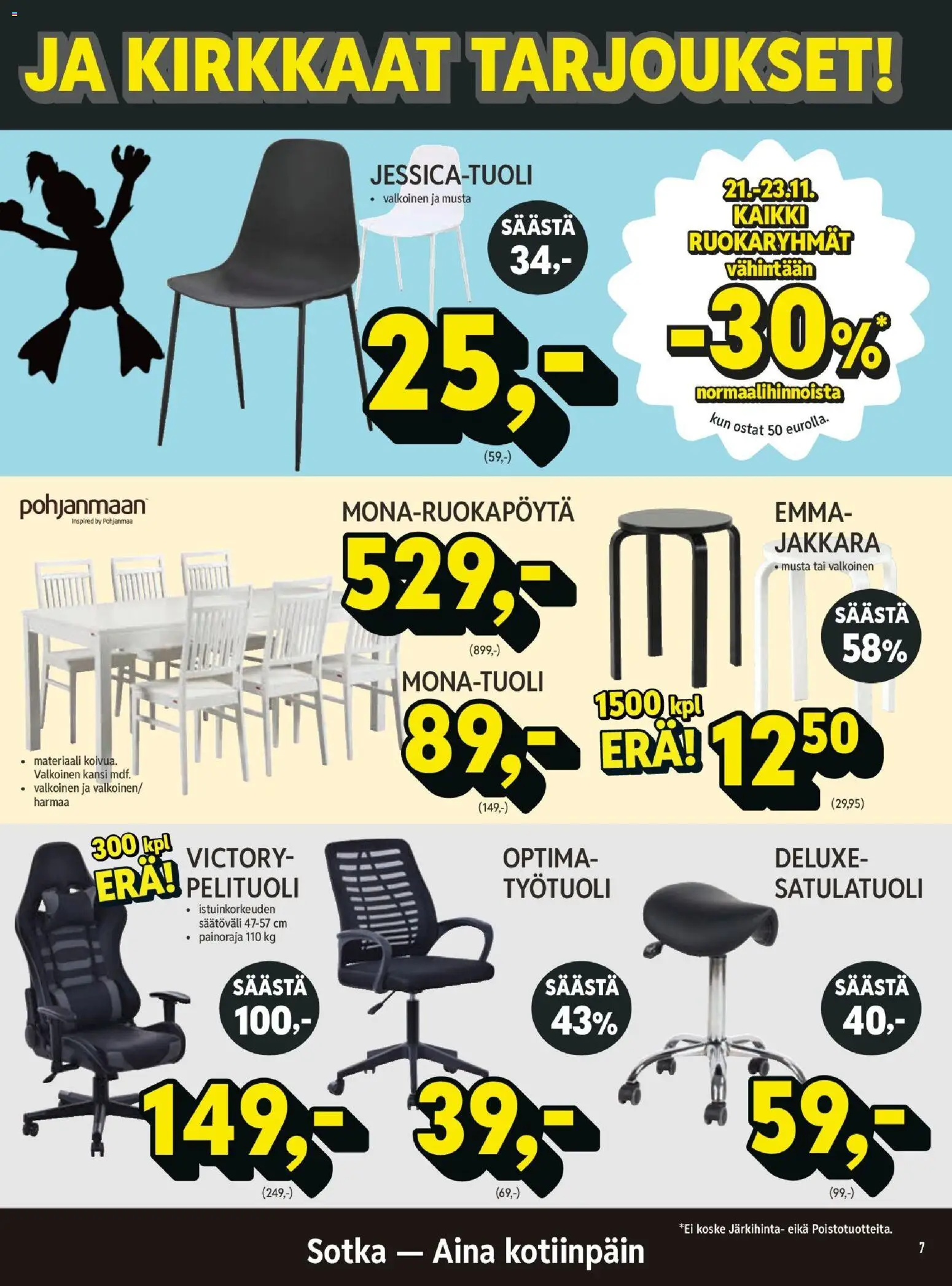 Sotka tarjoukset – voimassa 21.11.2025 alkaen | Sivu: 7 | Tuotteet: Jakkara, Kansi, Satulatuoli, Pelituoli