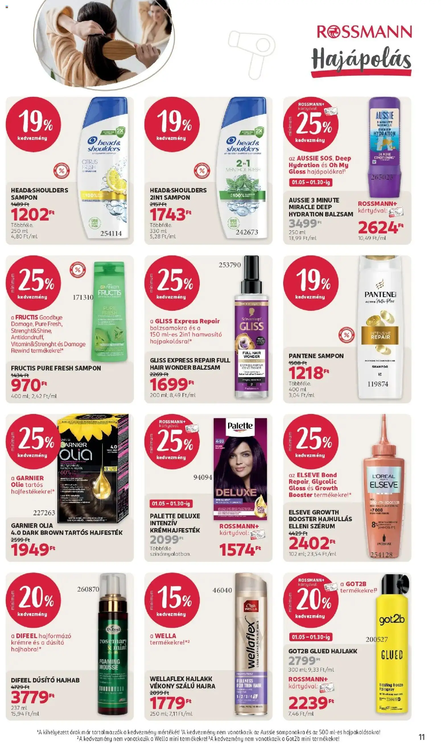 Rossmann akciós ujság - amely érvényes a következő dátumtól: 05.01.2026 | Oldal: 11 | Termékek: Hajformázó, Hajfesték, Sampon, Hajlakk
