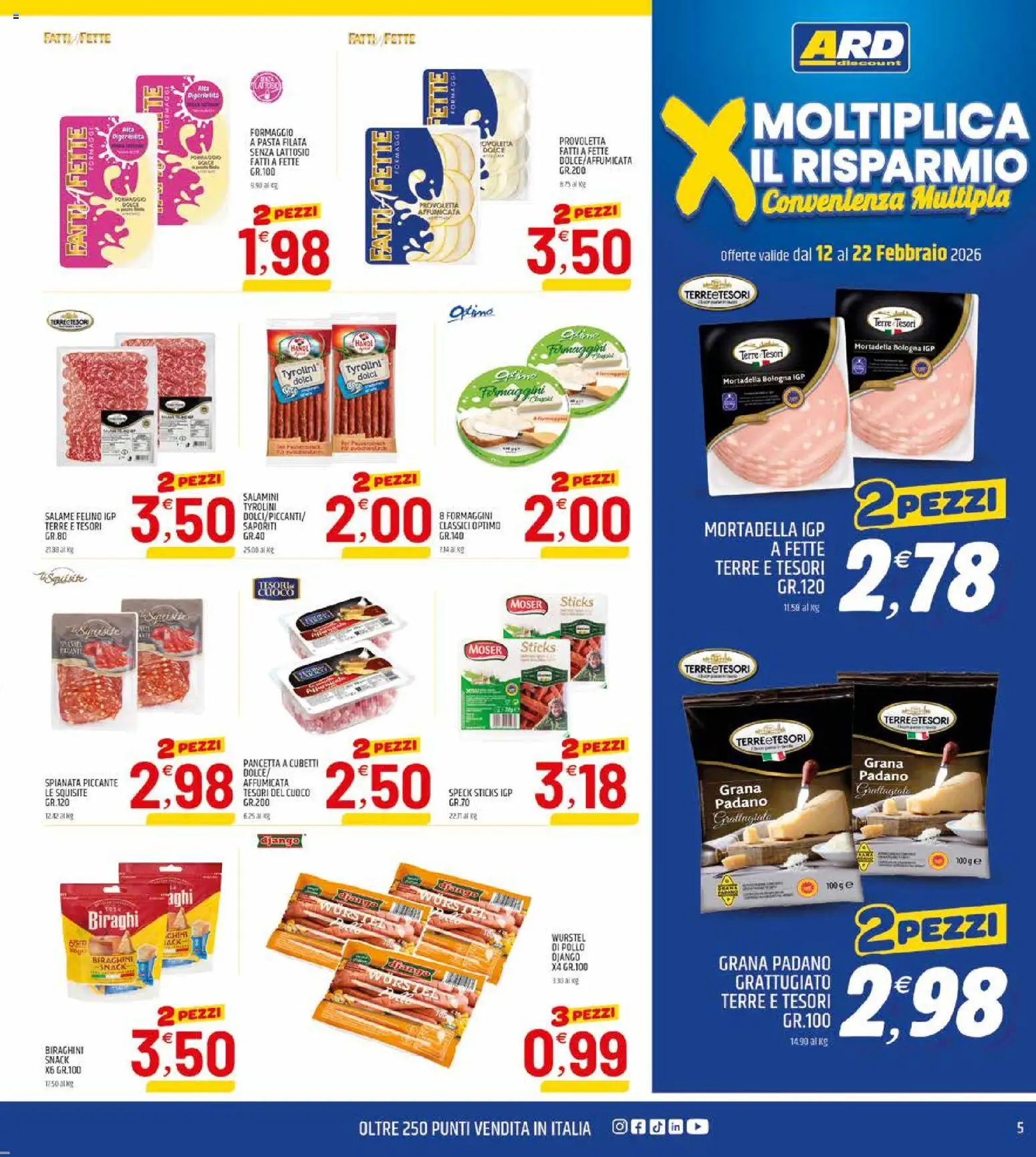 Volantino ARD Discount del 12.02.2026 | Pagina: 5 | Prodotti: Pancetta, Formaggio, Wurstel, Mortadella
