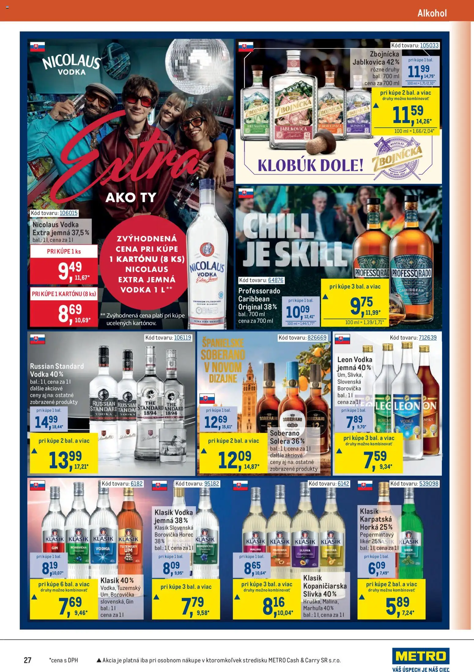 Nové Metro akcie – leták je platný od 25.03.2026 | Strana: 27 | Produkty: Borovička, Vodka, Klobúk, Nicolaus vodka