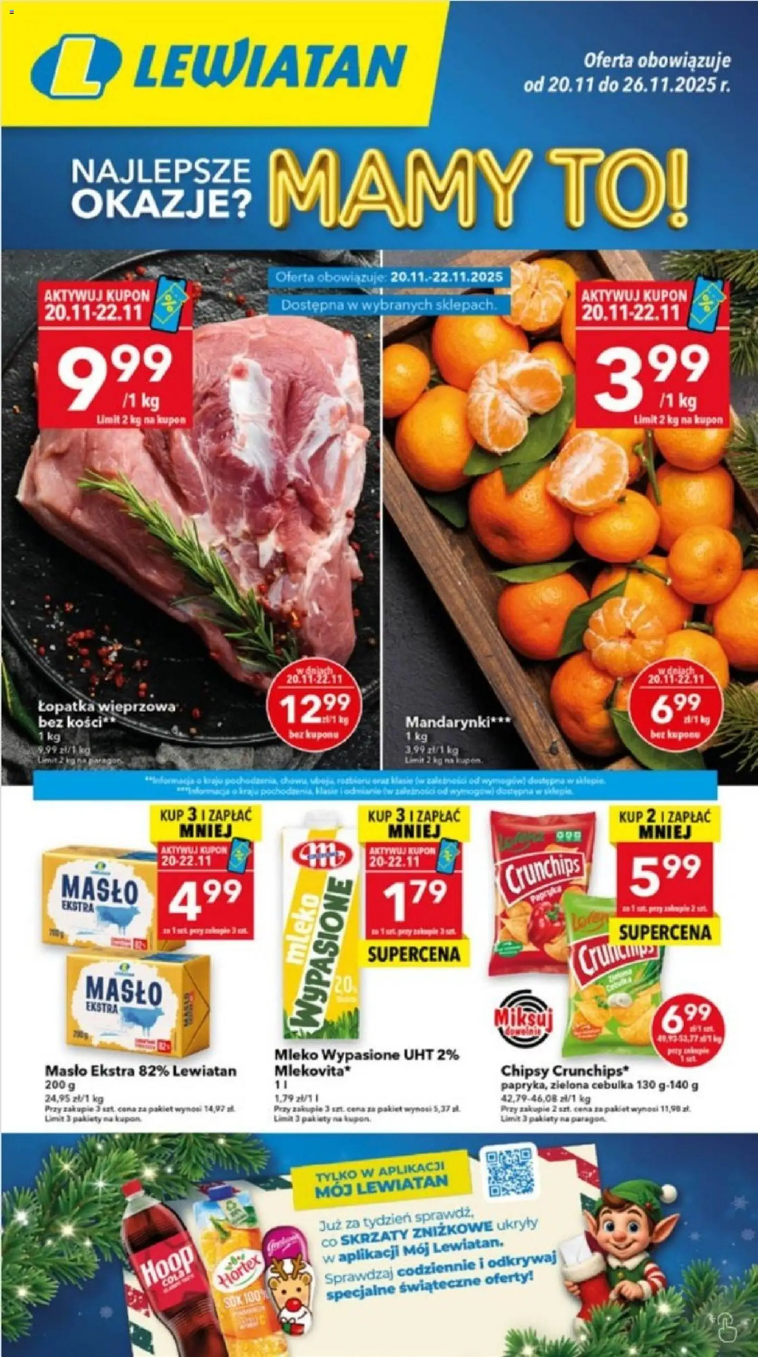 Lewiatan gazetka - Ostrów Wielkopolski od 20.11.2025 | Strona: 1 | Produkty: Mleko wypasione, Chipsy, Łopatka wieprzowa, Masło