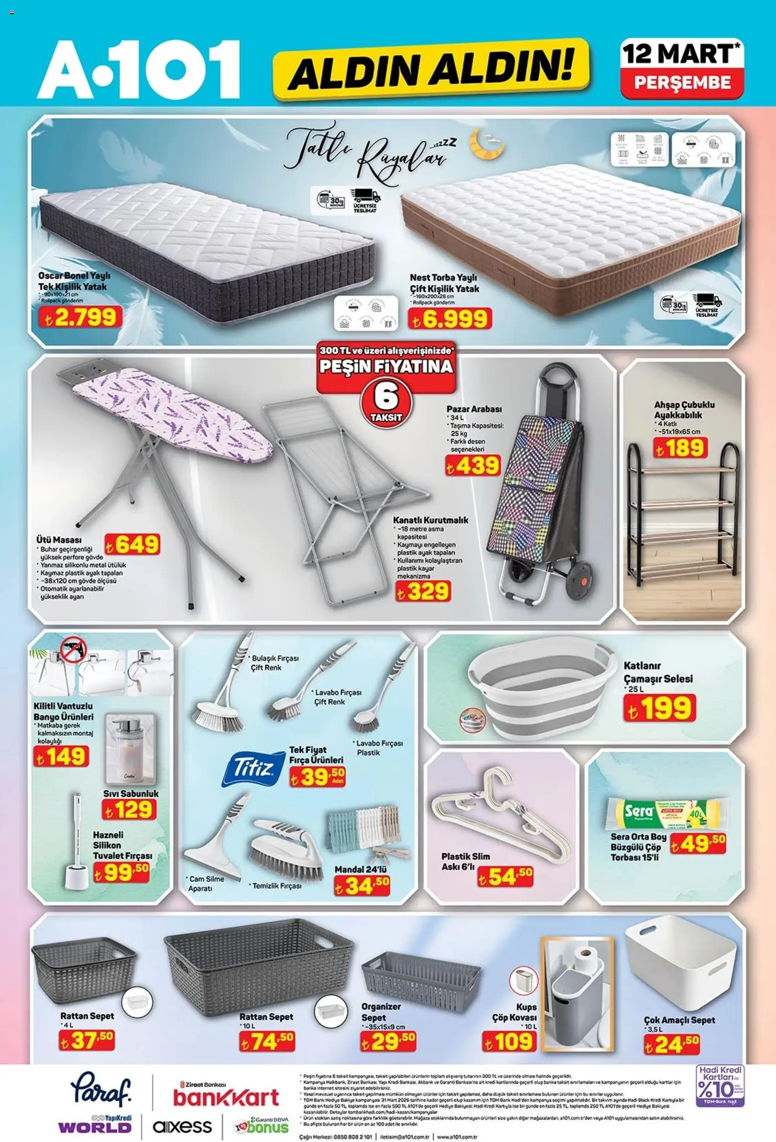 A101 - Katalog Aldın Aldın - 12.03.2026 tarihinden itibaren geçerlidir | Sayfa: 14 | Ürünler: Yatak, Ütü masası, Lavabo, Sıvı sabunluk