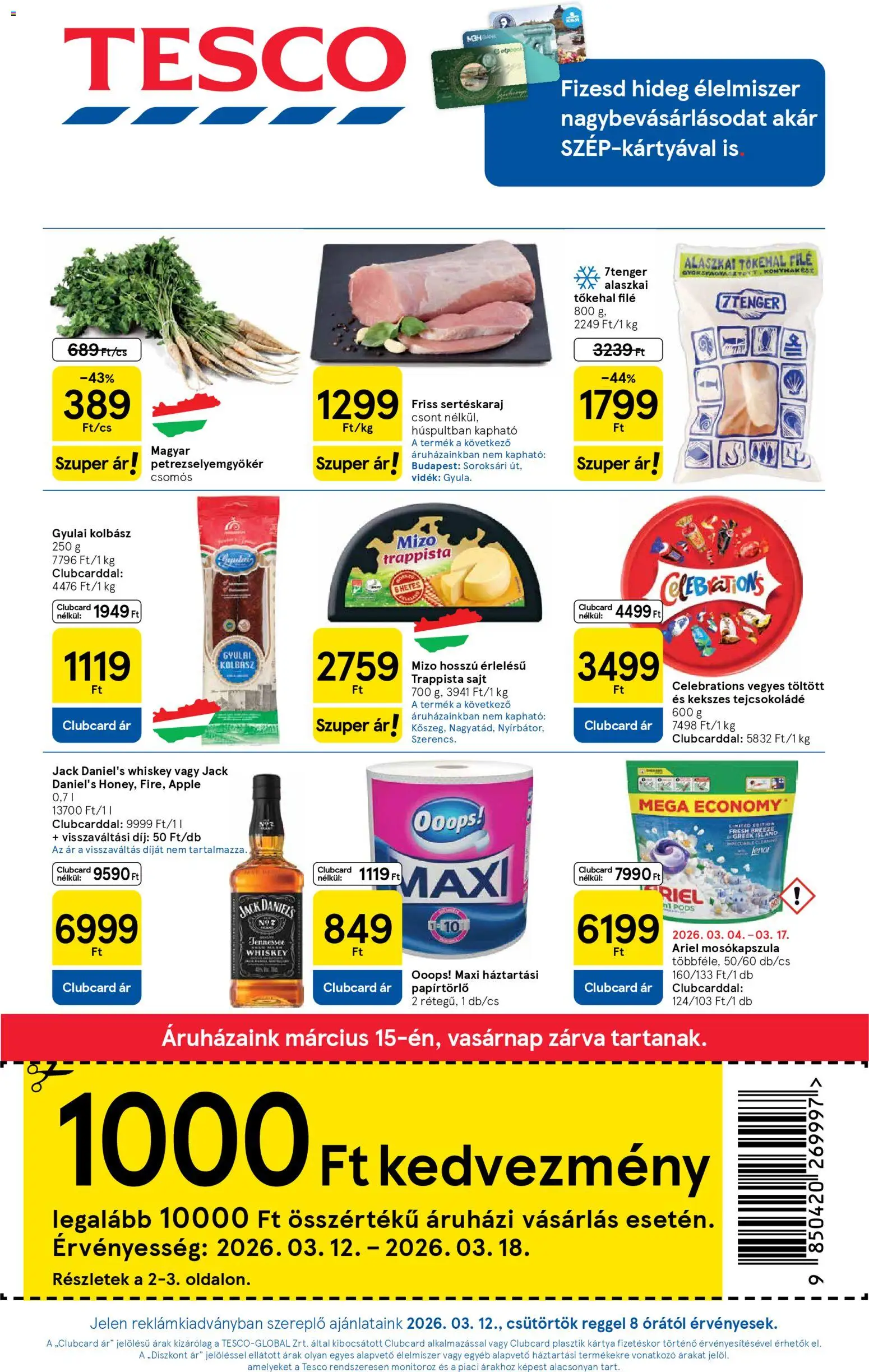Tesco akciós ujság - amely érvényes a következő dátumtól: 12.03.2026 | Oldal: 1 | Termékek: Kolbász, Whiskey, Mosókapszula, Gyulai kolbász