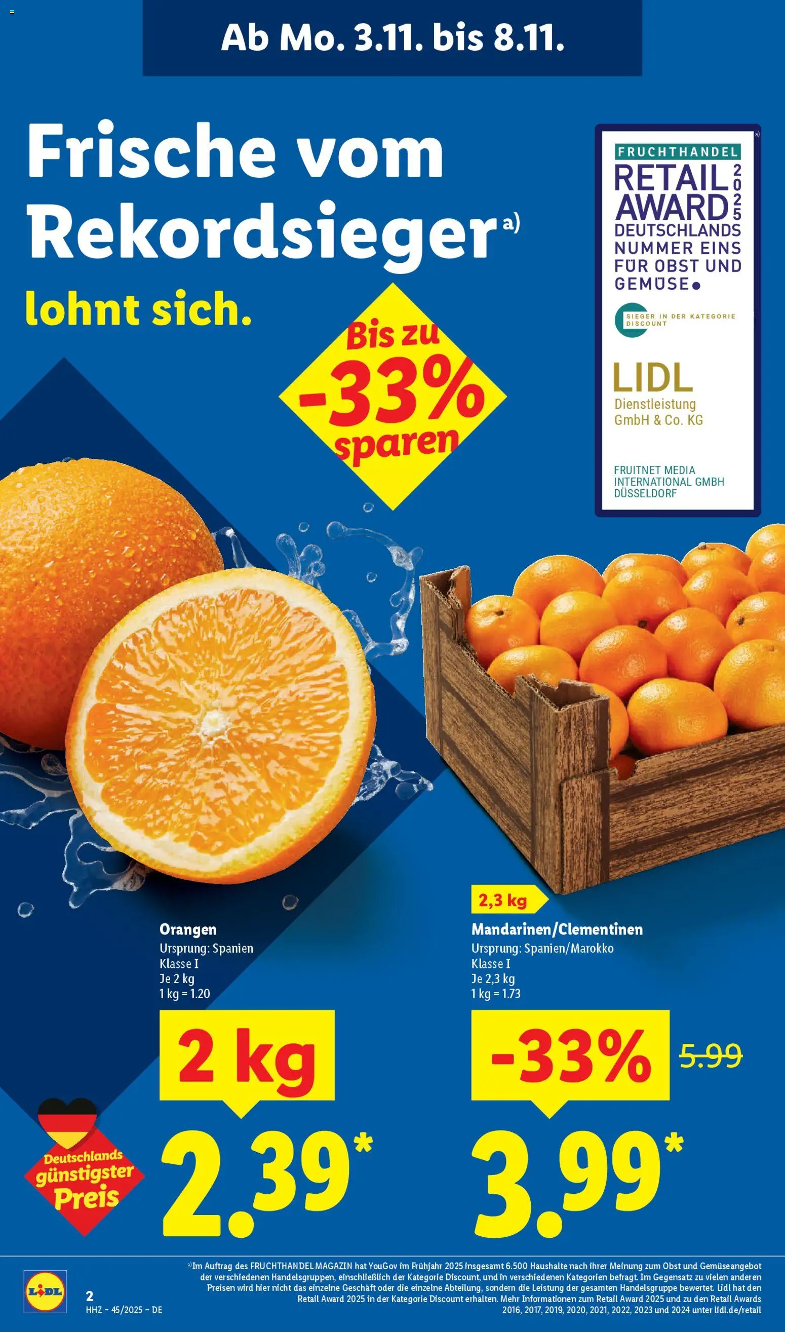 Lidl Prospekt Nagold – gültig ab 03.11.2025 | Seite: 2 | Produkte: Orangen, Gemüse, Obst
