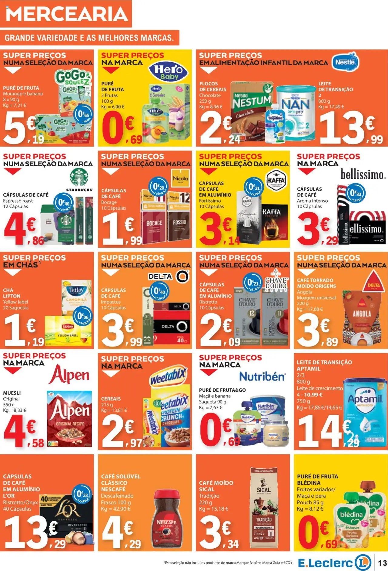 E.Leclerc folheto │ válido de 14.08.2025 | Página: 13 | Produtos: Delta q, Café solúvel, Weetabix, Leite