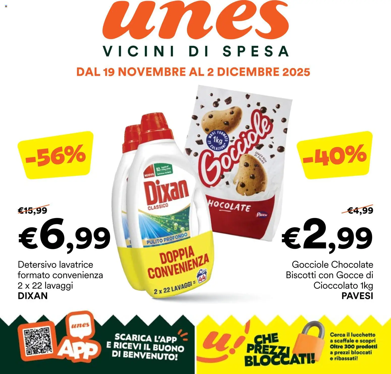 Volantino Unes del 18.11.2025 | Pagina: 1 | Prodotti: Cioccolato, Biscotti, Lavatrice, Scaffale