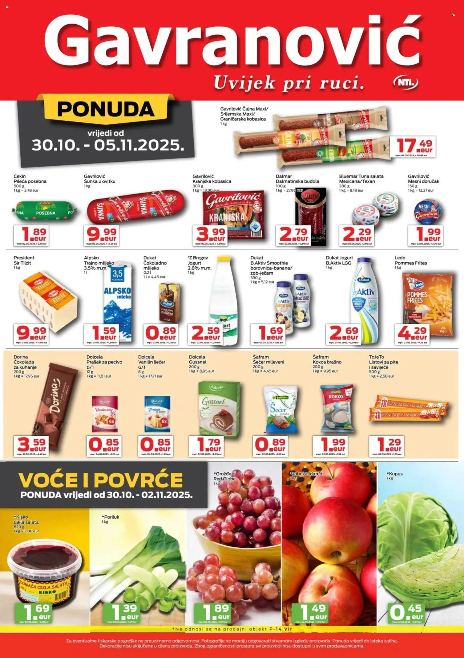 Gavranović katalog | vrijedi od 30.10.2025 | Stranica: 2 | Proizvodi: Listovi za pite, Prašak za pecivo, Kranjska kobasica, Voće