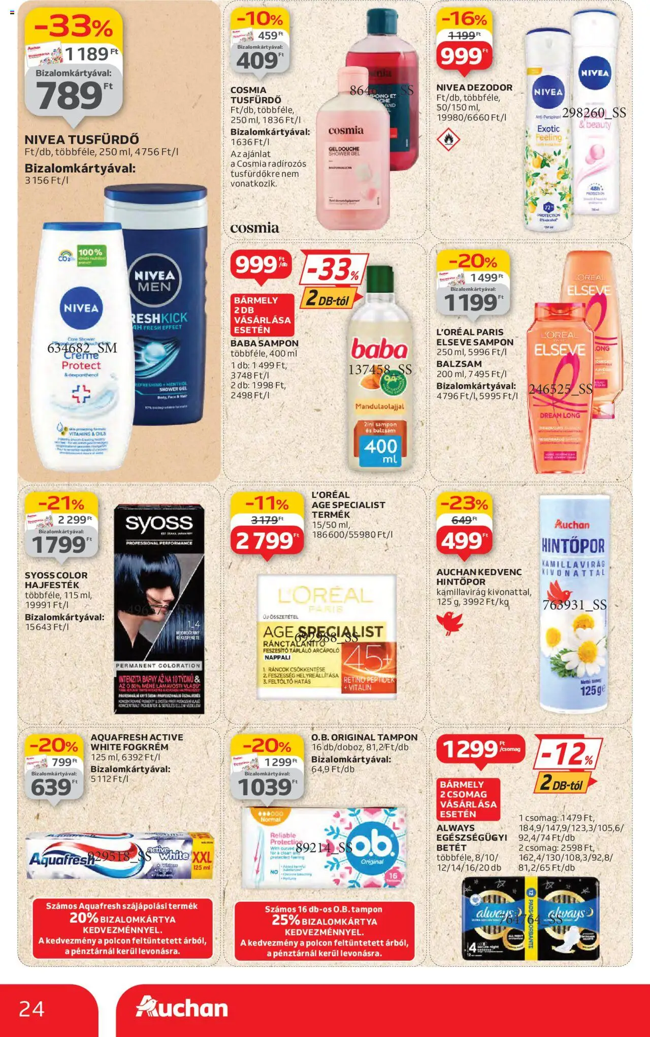 Auchan akciós ujság - amely érvényes a következő dátumtól: 19.06.2025 | Oldal: 24 | Termékek: Hajfesték, Tusfürdő, Dezodor, Fogkrém