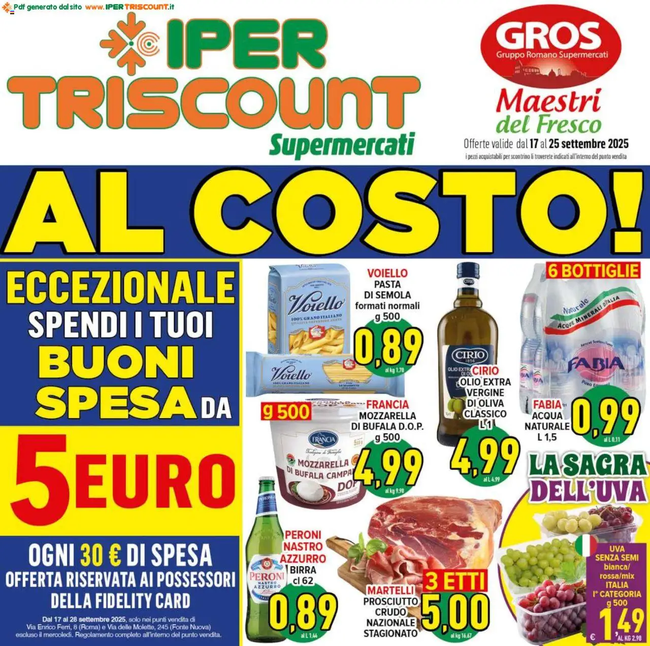 Volantino Ipertriscount del 17.09.2025 | Pagina: 1 | Prodotti: Acqua, Olio, Prosciutto, Pasta