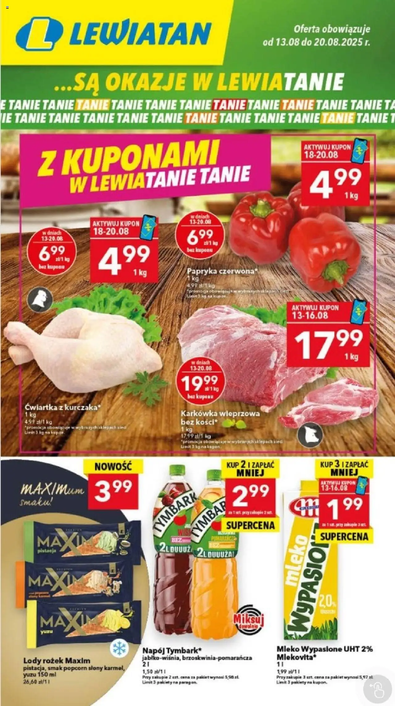 Lewiatan gazetka - Bydgoszcz od 13.08.2025 | Strona: 1 | Produkty: Karkówka, Karkówka wieprzowa, Papryka, Mleko