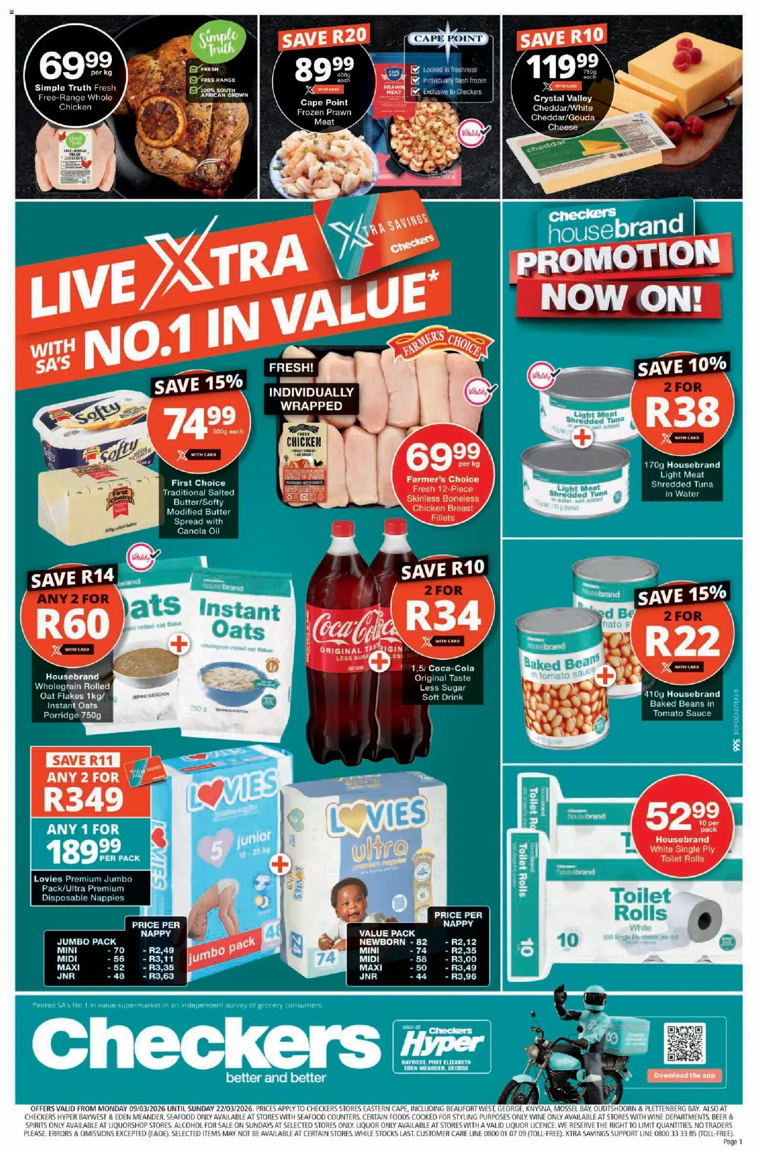 New Checkers catalogue – valid from 09.03.2026 | Page: 1 | Products: Baked beans, Toilet, Water, Seafood