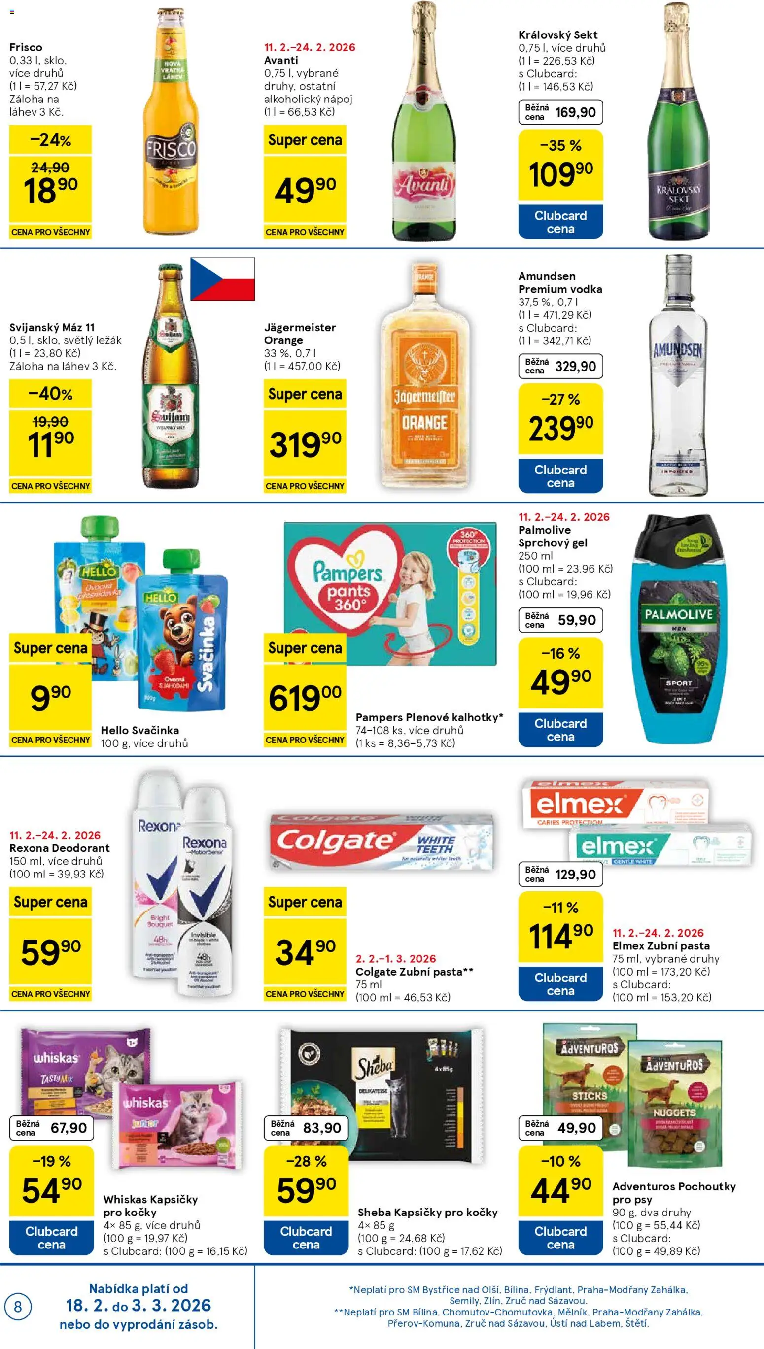 Tesco leták - Supermarket od 18.02.2026 | Strana: 8 | Produkty: Kapsičky pro kočky Sheba, Elmex zubní pasta, Svijanský Máz, Sheba