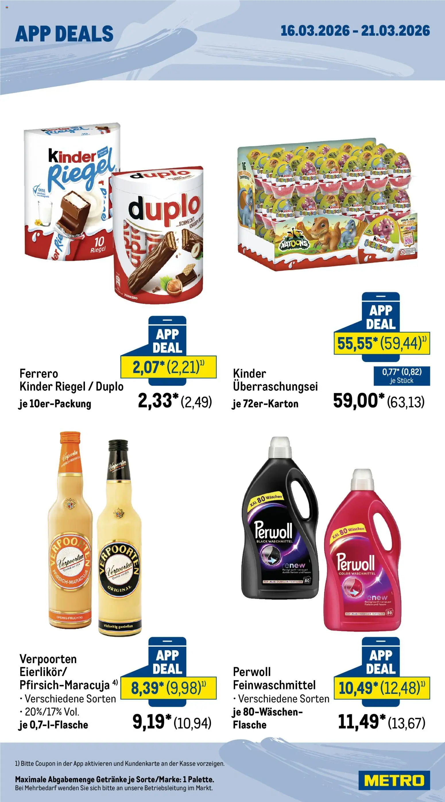 Metro App Deals – gültig ab 16.03.2026 | Seite: 2 | Produkte: Perwoll, Kinder riegel, Waschmittel