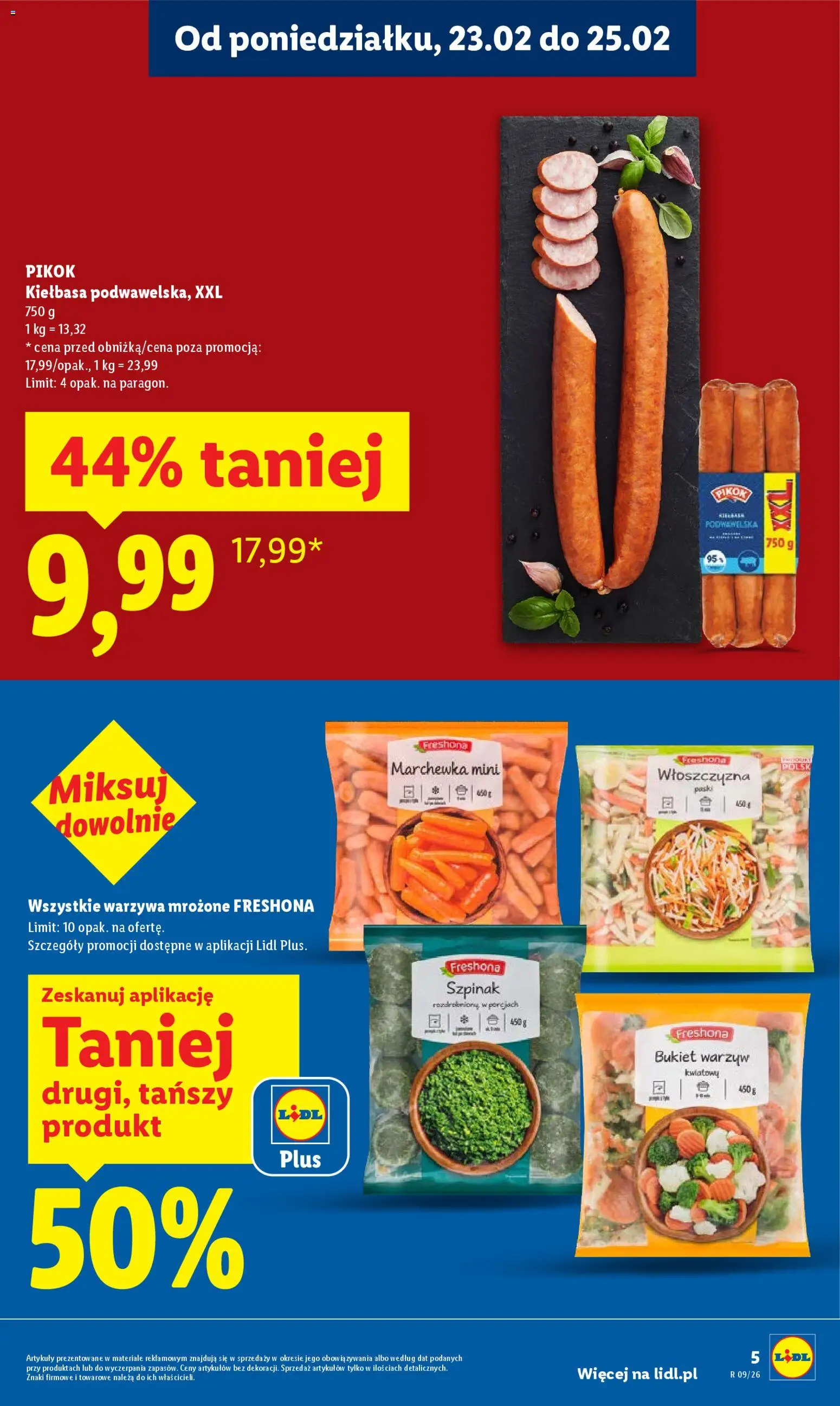Lidl Gazetka od 23.02.2026 | Strona: 5 | Produkty: Kiełbasa, Szpinak, Marchewka, Warzywa