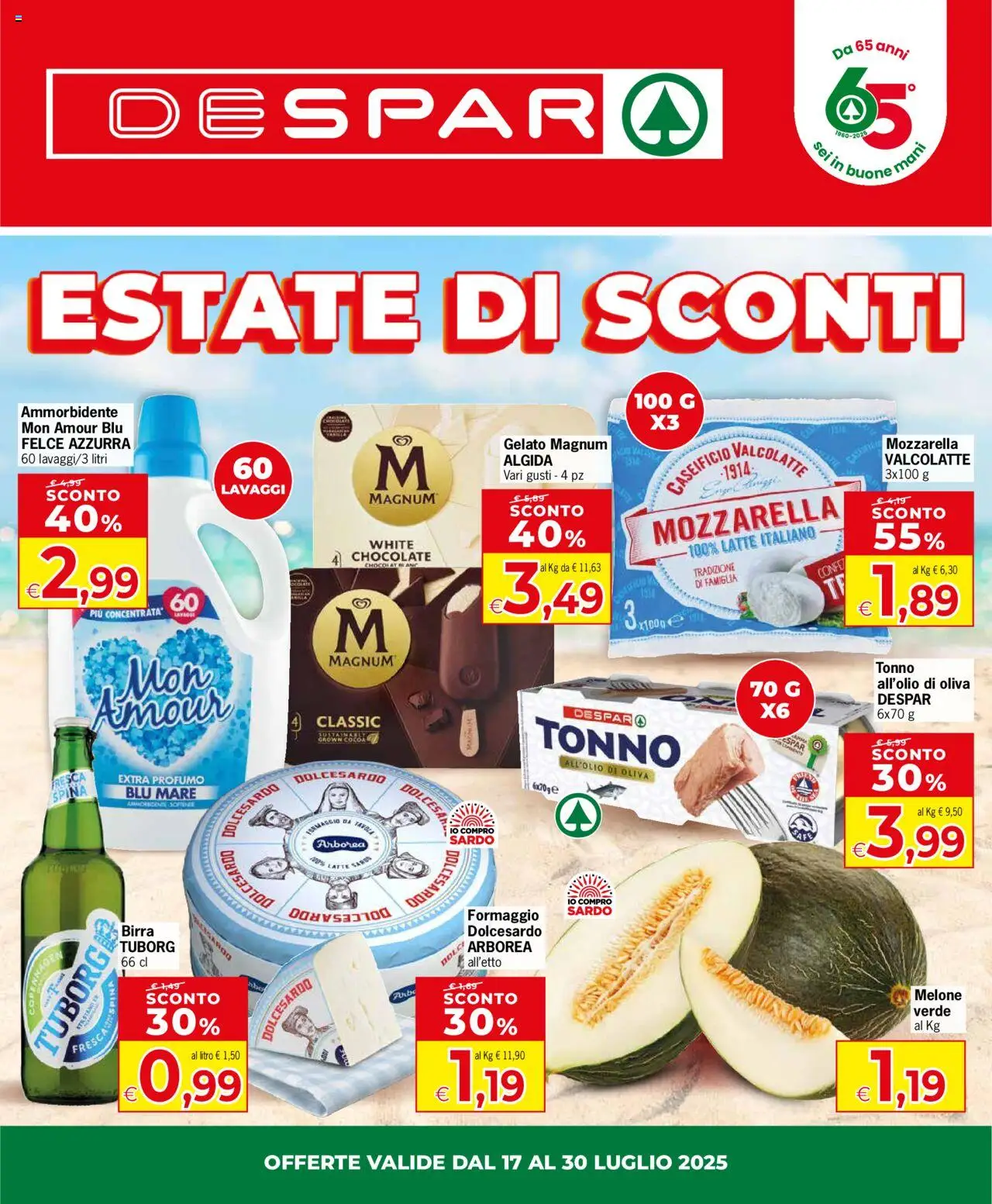 Volantino Despar del 17.07.2025 | Pagina: 1 | Prodotti: Mozzarella, Latte, Tonno, Profumo