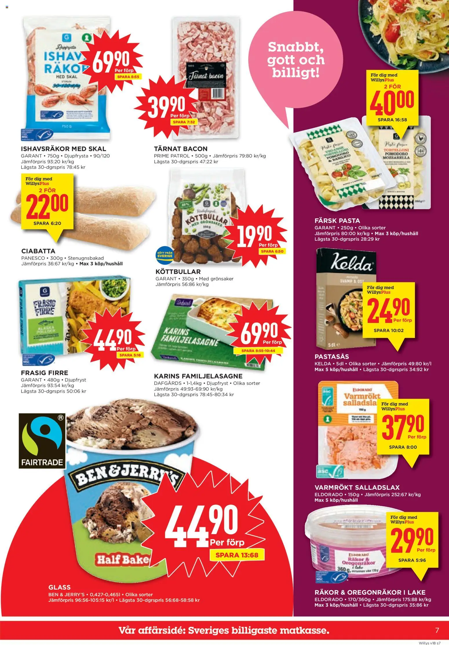 Willys reklamblad aktuell från 27.04.2026 | Sida: 7 | Produkter: Köttbullar, Bacon, Räkor, Glass