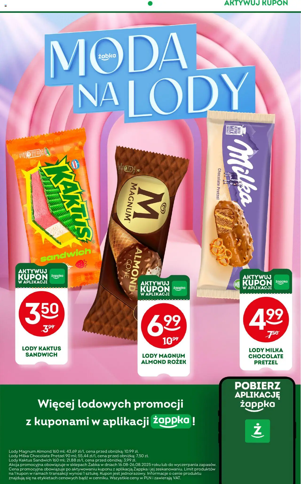 Żabka Gazetka od 13.08.2025 | Strona: 40 | Produkty: Milka, Lody Magnum, Lody Kaktus, Lody