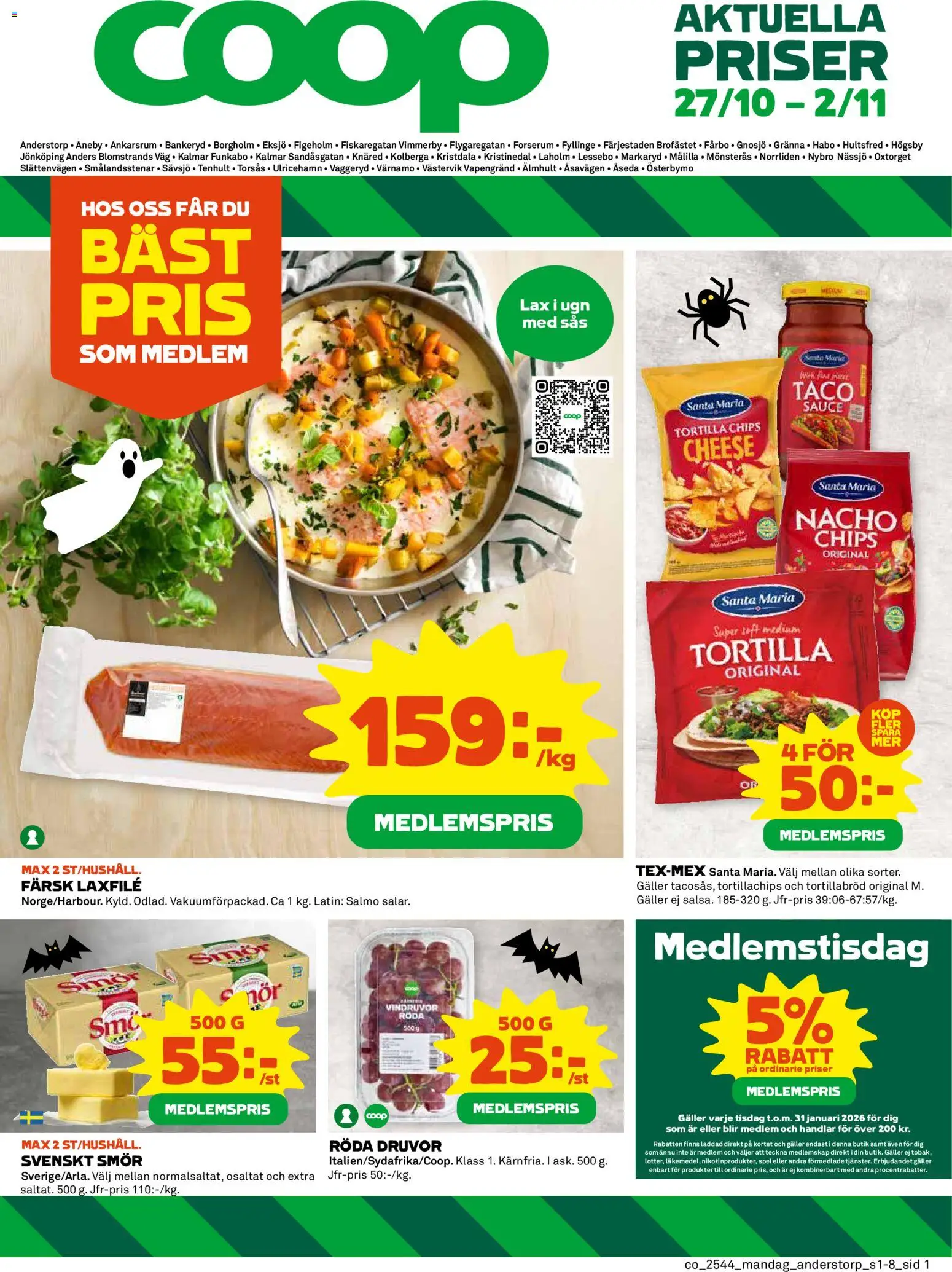 Coop reklamblad aktuell från 27.10.2025 | Sida: 1 | Produkter: Tortillachips, Galler, Lax, Smör