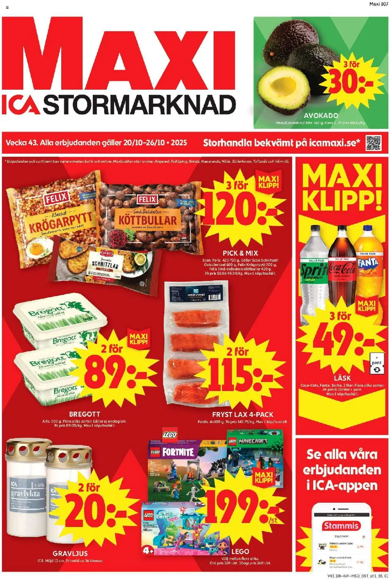 ICA Maxi reklamblad aktuell från 20.10.2025 | Sida: 1 | Produkter: Köttbullar, Galler, Lax, Ost