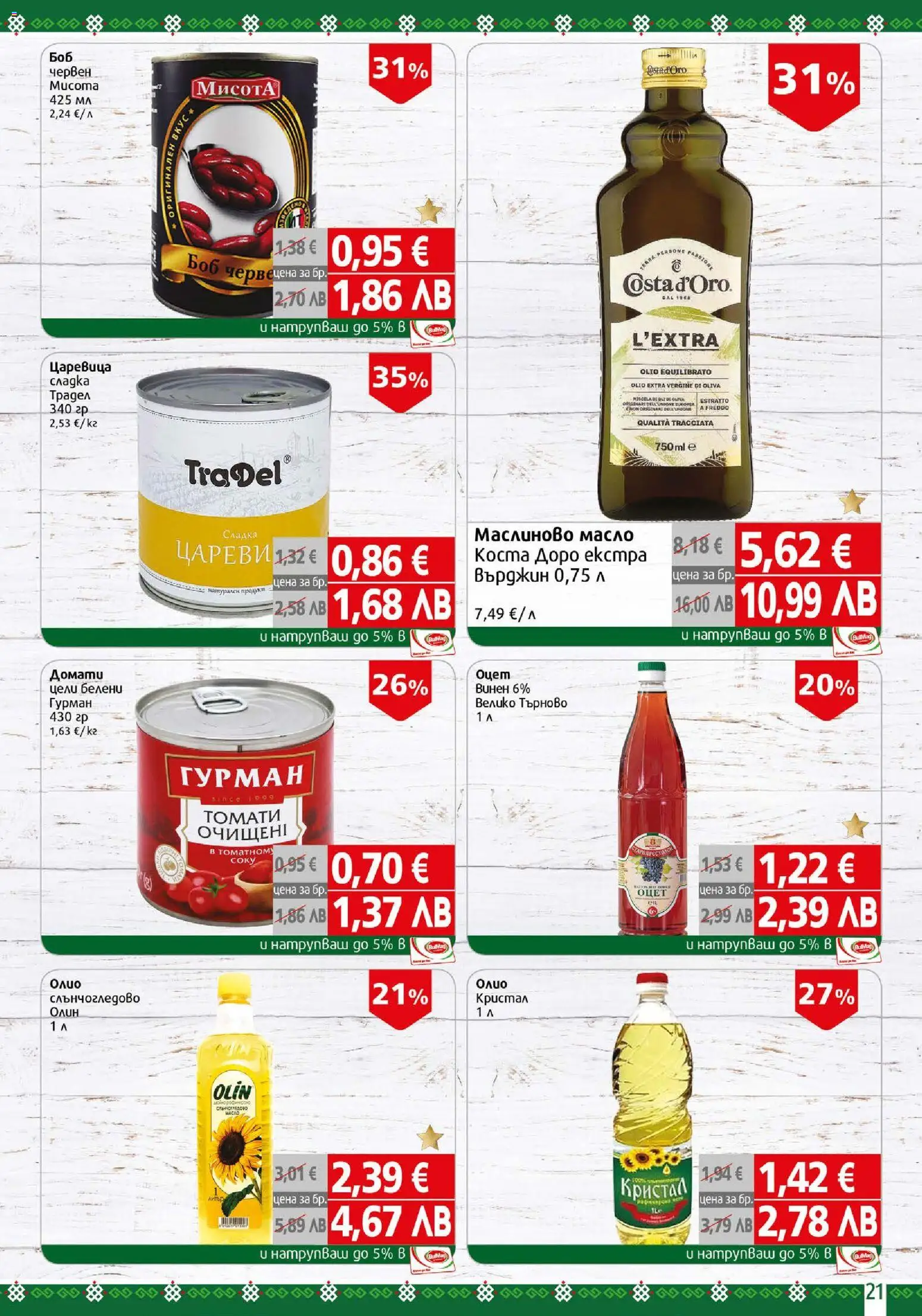 {H1} | Страница: 21 | Продукти: Масло, Домати, Боб, Царевица