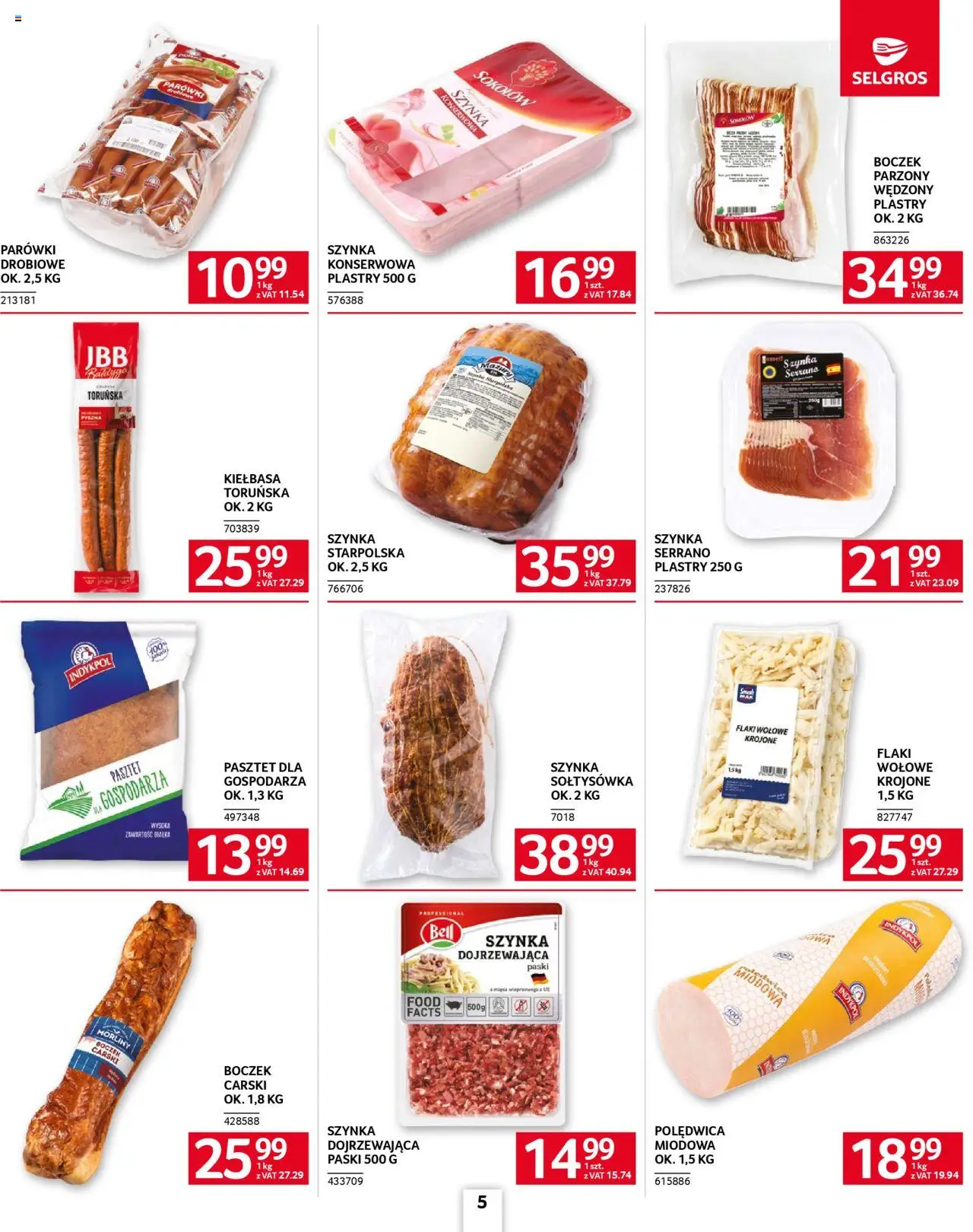 Selgros cash&carry Gazetka - Oferta dla gastronomii od 23.10.2025 | Strona: 5 | Produkty: Kiełbasa, Parówki, Szynka, Boczek parzony