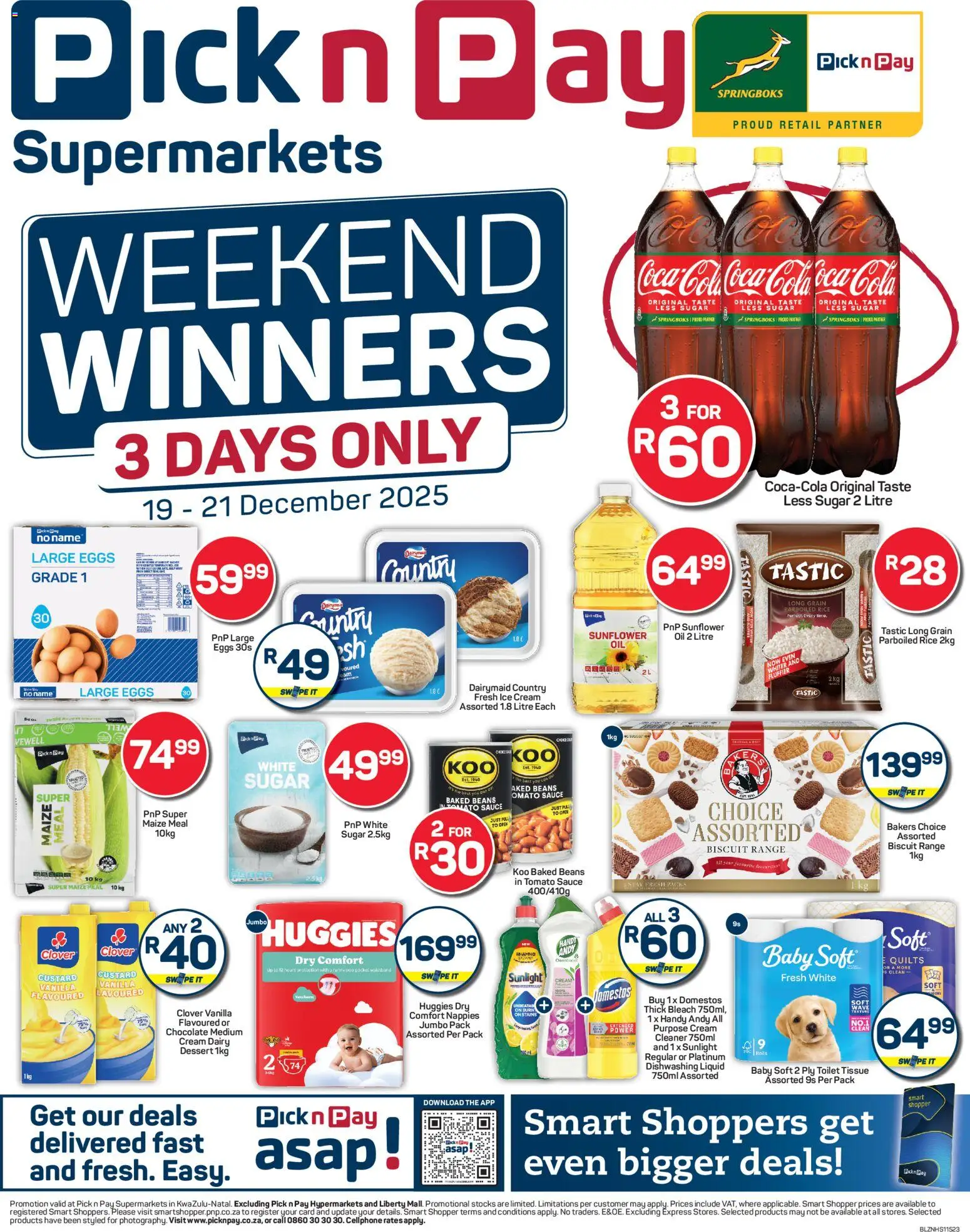 New Pick n Pay catalogue – valid from 19.12.2025 | Page: 1 | Products: Baked beans, Bleach, Nappies, Dishwashing liquid