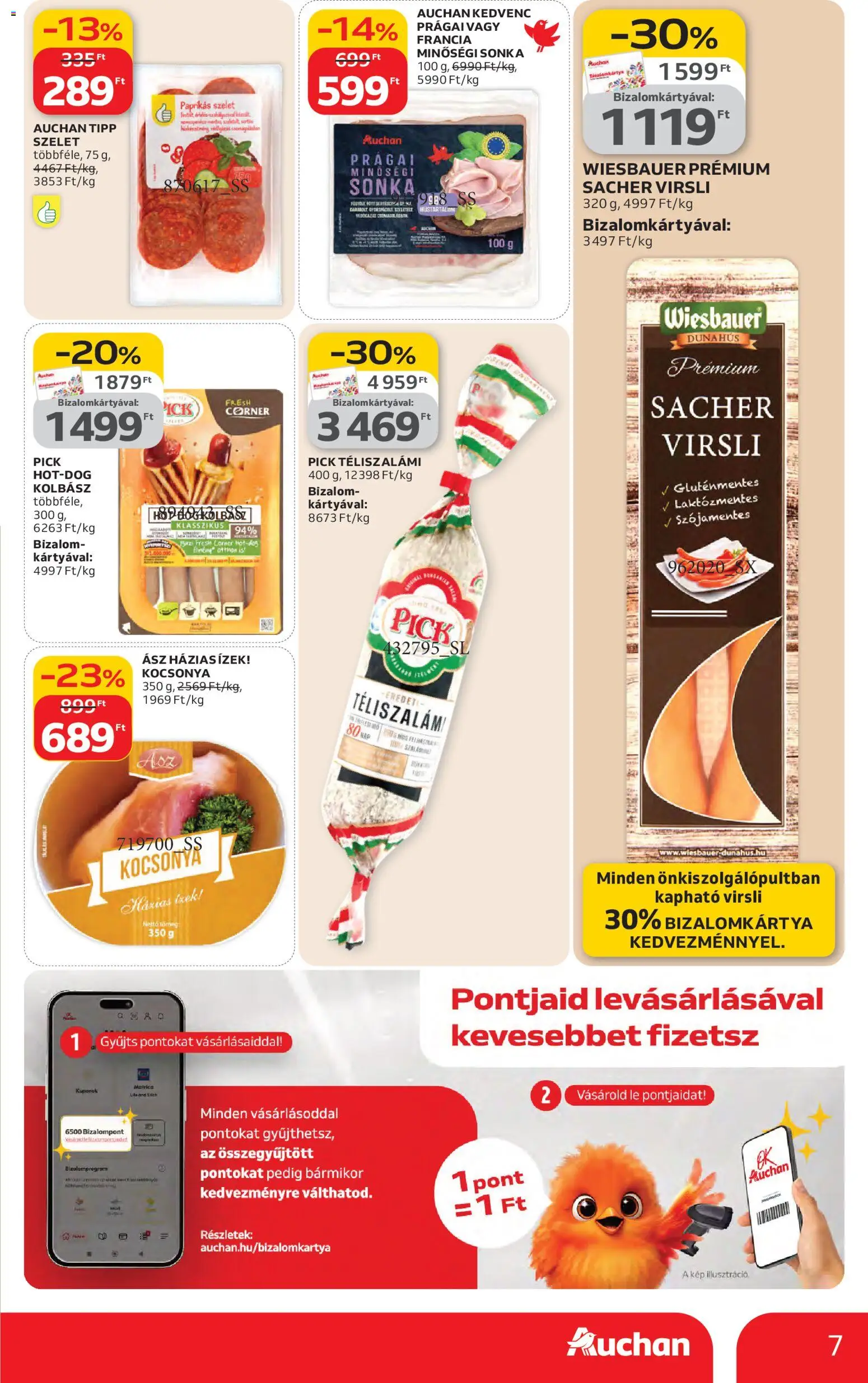 Auchan akciós ujság - amely érvényes a következő dátumtól: 26.02.2026 | Oldal: 7 | Termékek: Virsli, Pick téliszalámi, Sonka, Gluténmentes