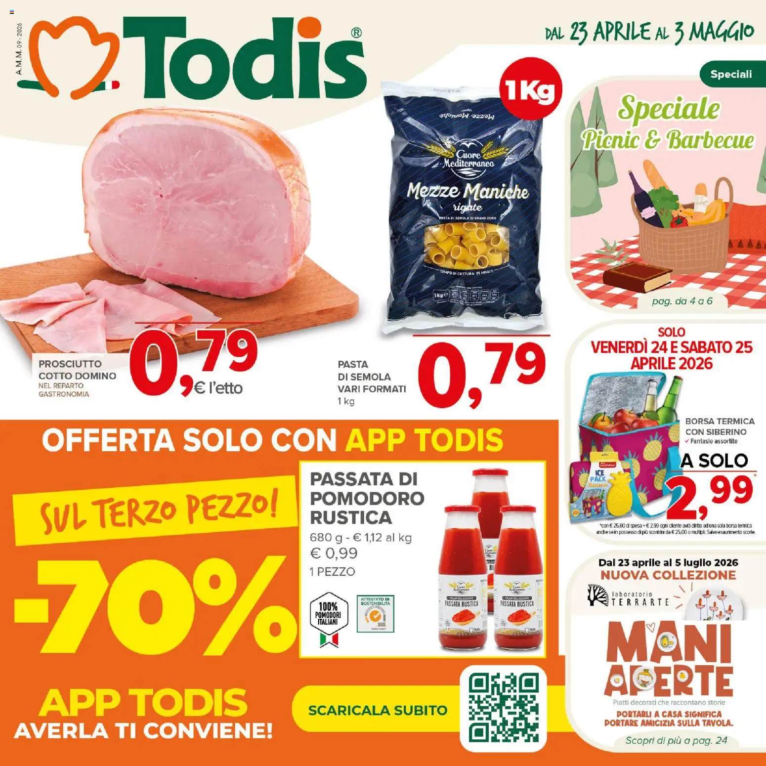 Volantino Todis del 23.04.2026 | Pagina: 1 | Prodotti: Pomodoro, Pasta, Borsa termica, Borsa