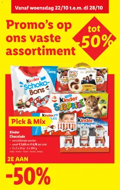 Kinder Chocolade, verschillende soorten, vanaf € 2,65 tot € 4,78 per stuk, 2 x 3 x 20 g - 2 x 300 g - Voorbeeld van een folder van Lidl, geldig van 22.10.2025 | Pagina: 18 | Producten: Kinder, Chocolade