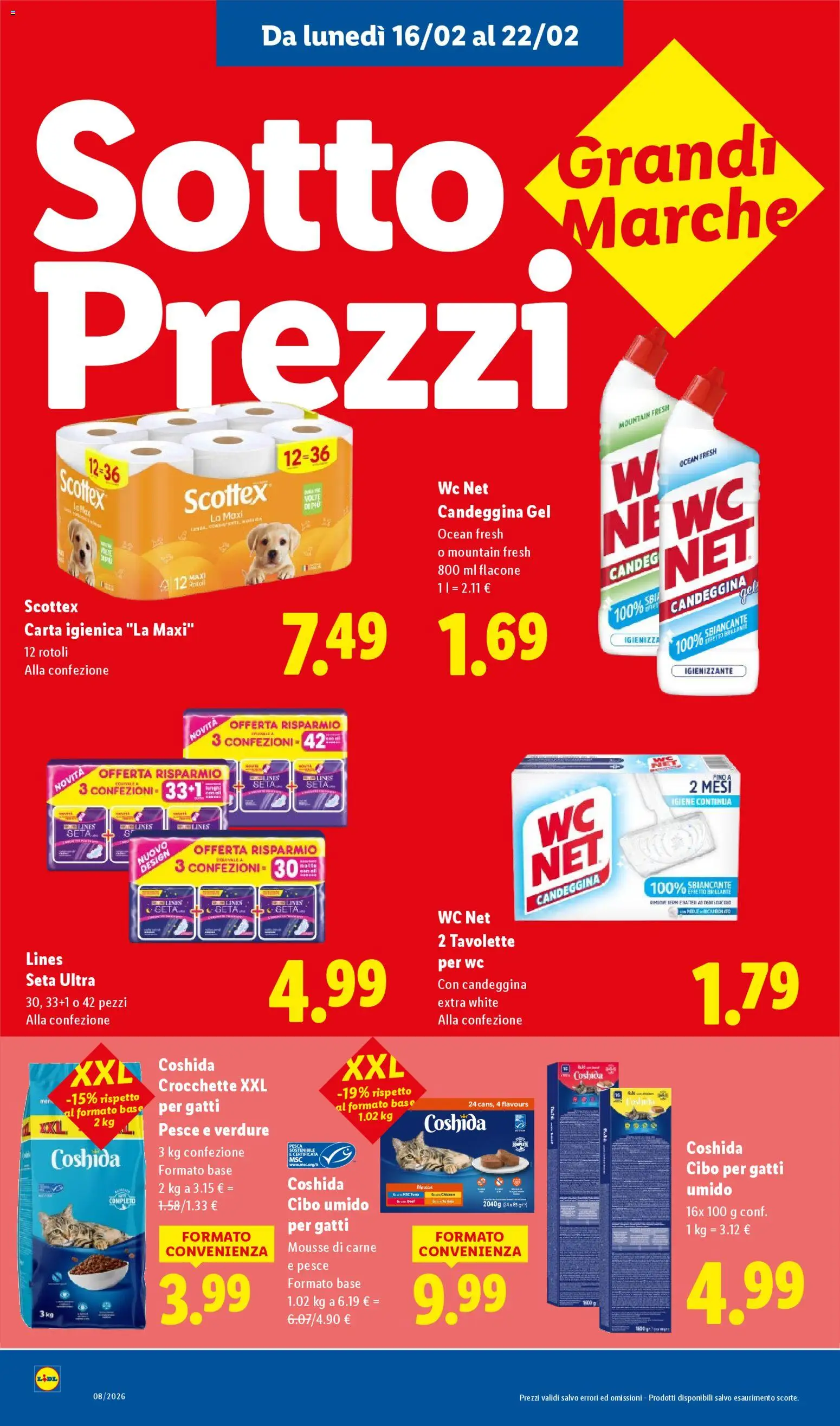 Volantino Lidl del 16.02.2026 | Pagina: 8 | Prodotti: Carta igienica, Candeggina, Verdure, Crocchette