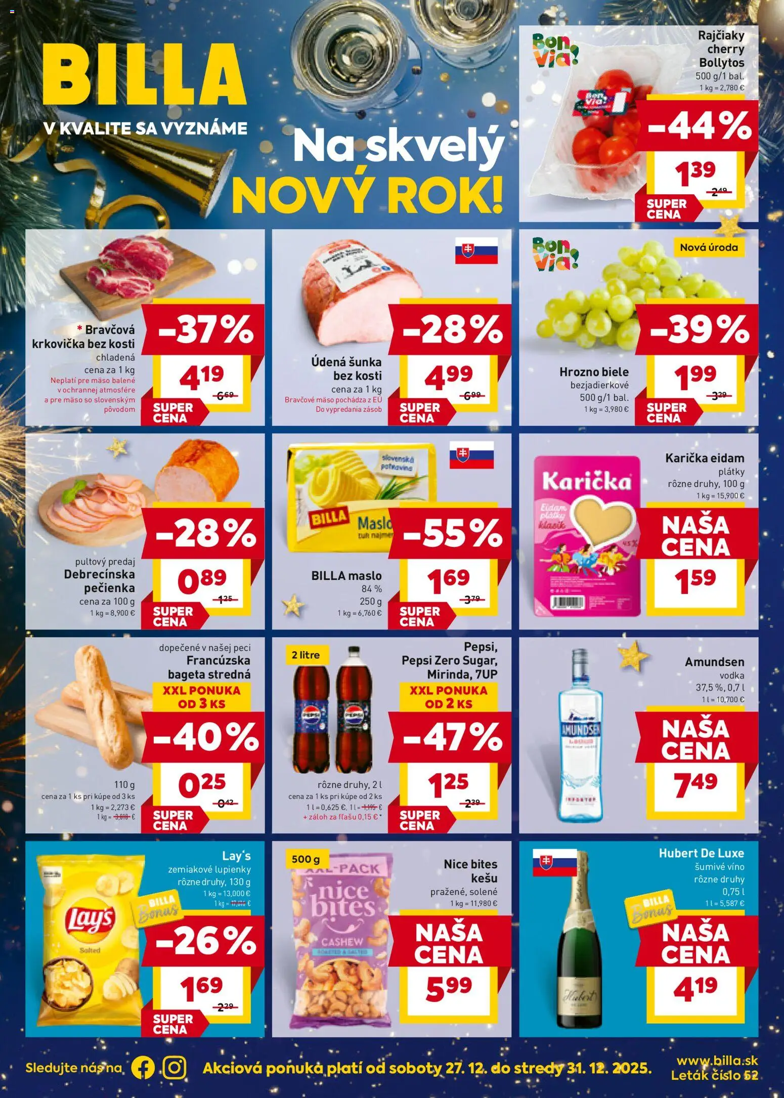 Nové Billa akcie – leták je platný od 27.12.2025 | Strana: 1 | Produkty: Šunka, Víno, Vodka, Hubert de Luxe