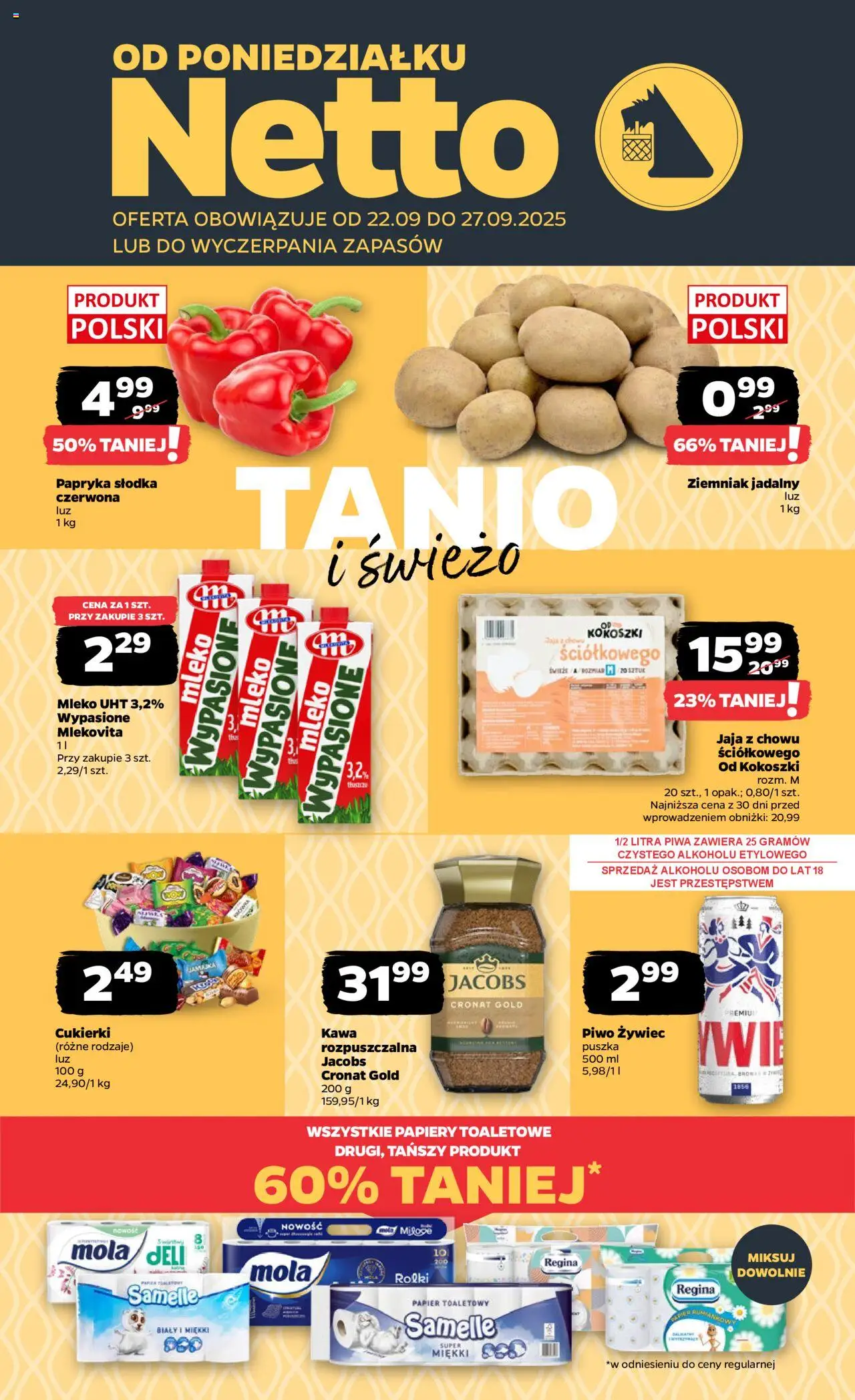 Netto gazetka - Spożywcza od 22.09.2025 | Strona: 1 | Produkty: Mleko wypasione, Mleko, Cukierki, Jaja