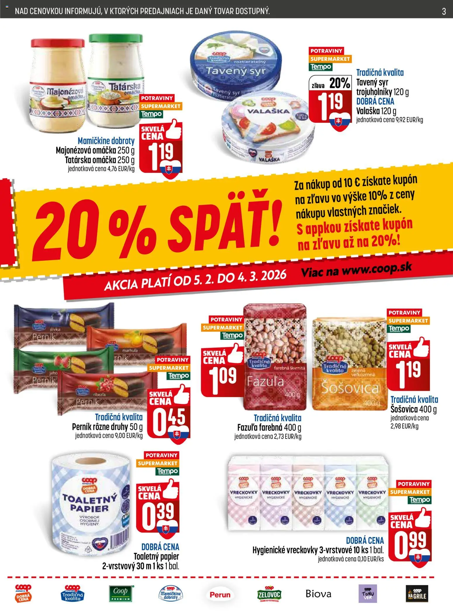 Nové COOP Jednota akcie – leták je platný od 19.02.2026 | Strana: 3 | Produkty: Syr, Fazuľa, Toaletný papier, Tatárska omáčka