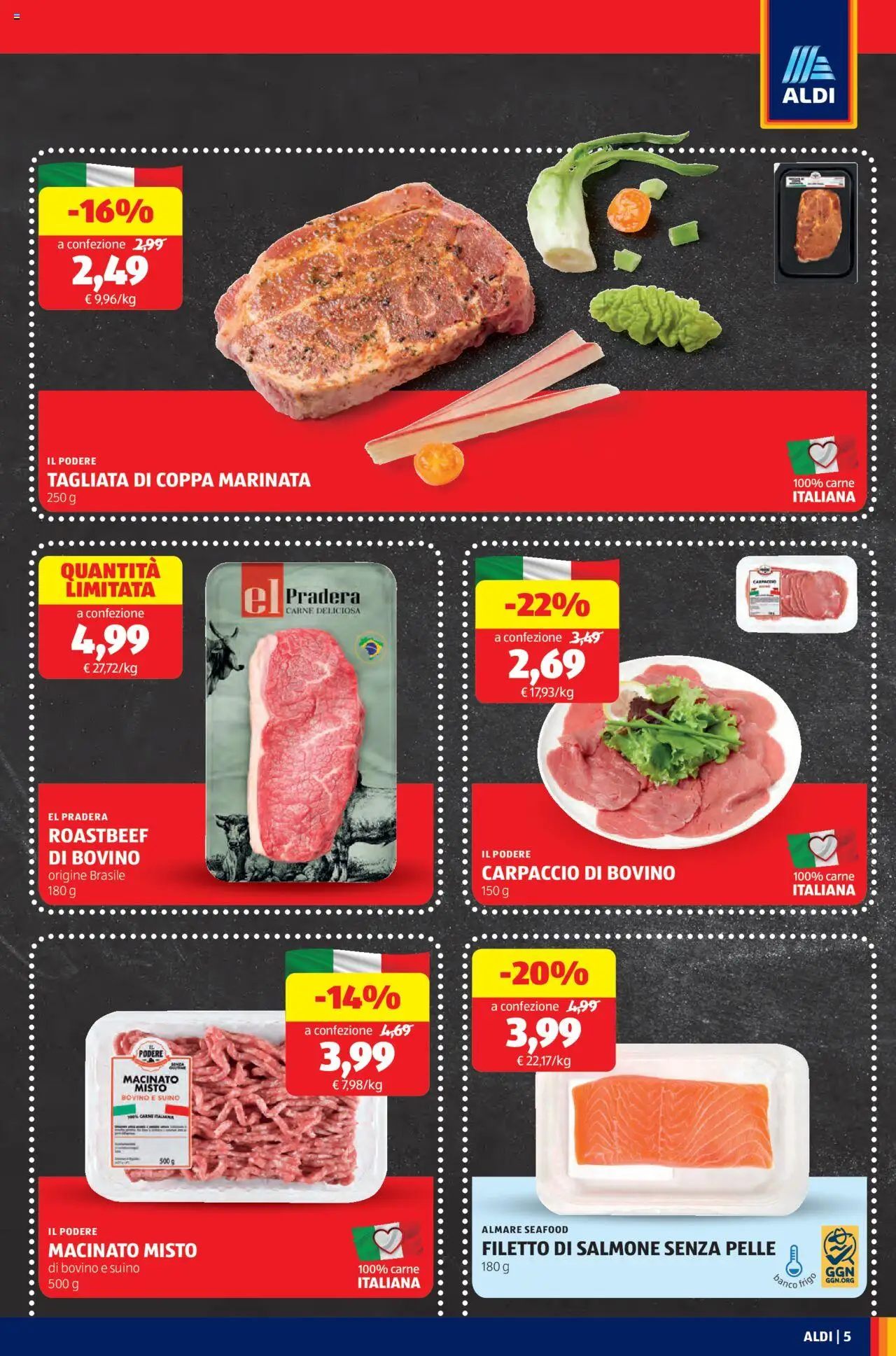 Volantino Aldi del 13.10.2025 | Pagina: 5 | Prodotti: Bovino, Salmone, Suino, Macinato