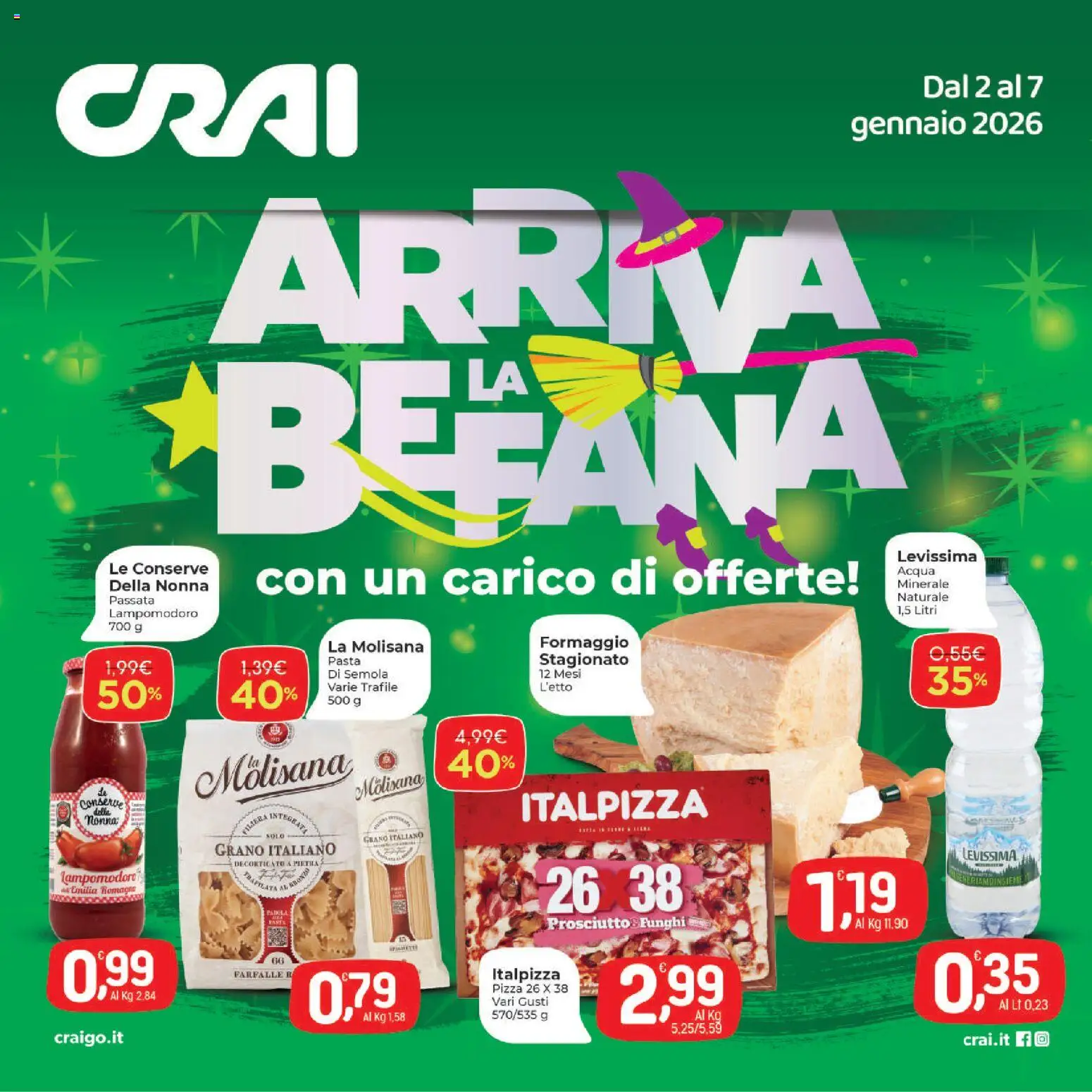 Volantino CRAI del 02.01.2026 | Pagina: 1 | Prodotti: Pizza, Acqua, Formaggio, Prosciutto