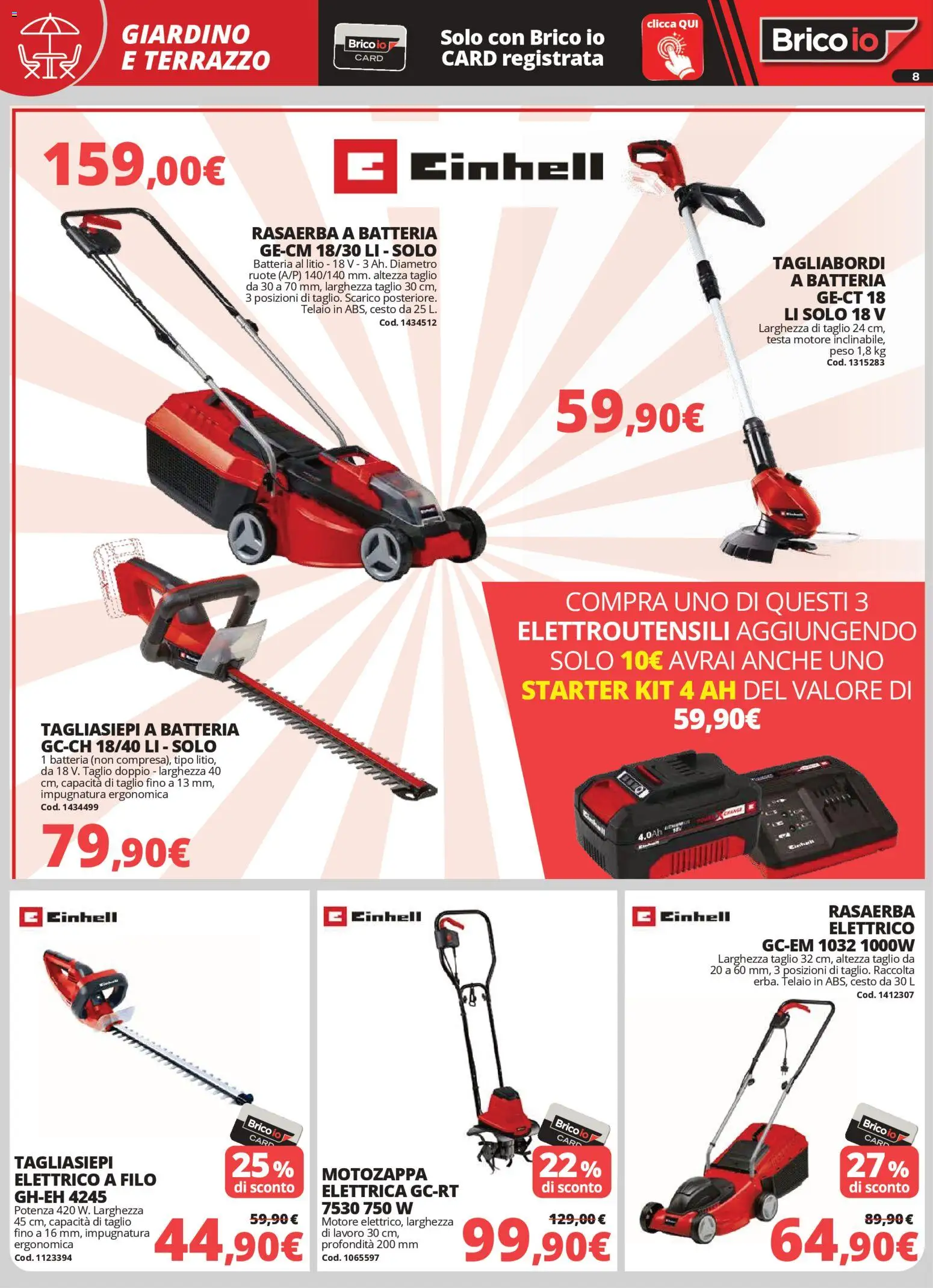 Volantino Brico io del 02.04.2026 | Pagina: 8 | Prodotti: Tagliasiepi, Rasaerba, Motozappa, Batteria