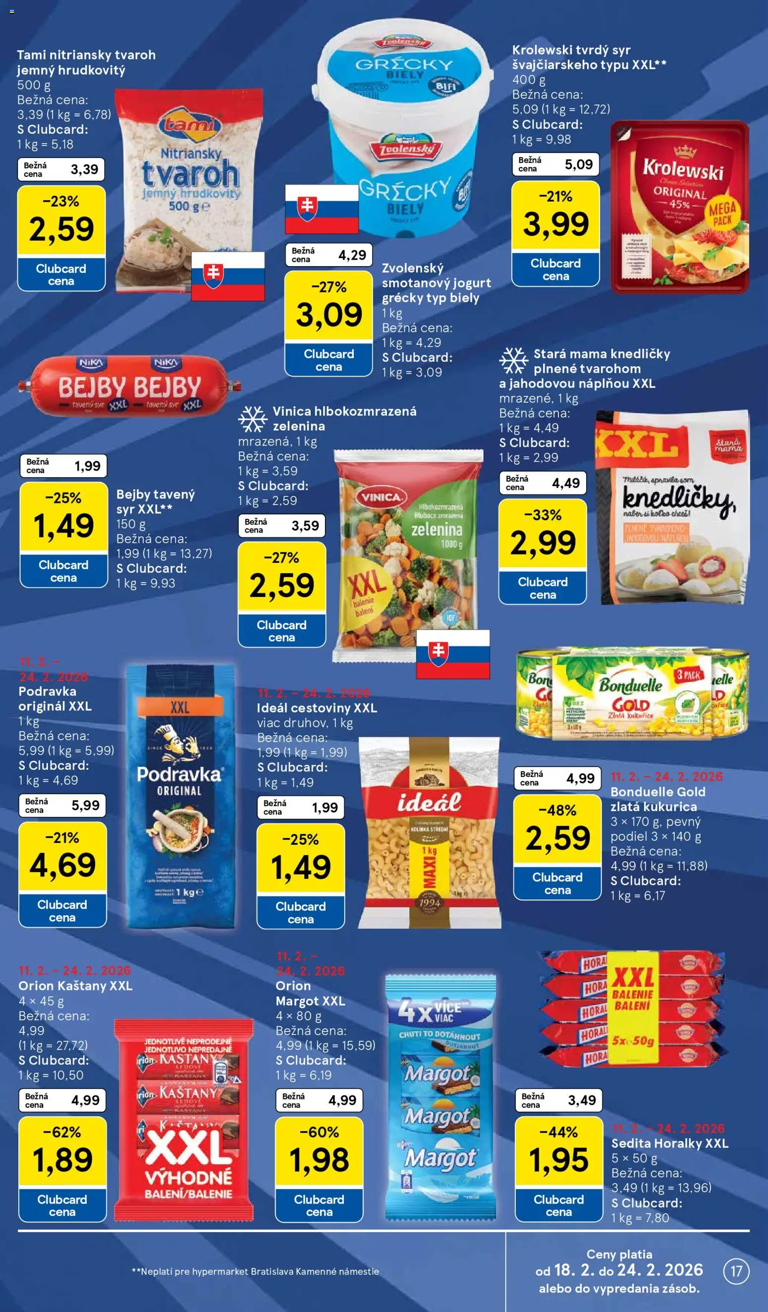 Nové Tesco akcie – leták je platný od 18.02.2026 | Strana: 17 | Produkty: Syr, Cestoviny, Kukurica, Horálky